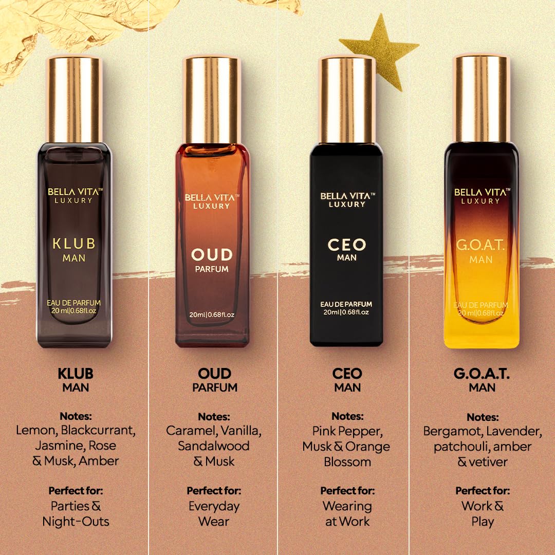 Bella Vita Luxury Long Lasting Perfume Gift Set for Man | 4x20ml | Gifts for Men | Woody, Citrusy, Oud, Premium Fragrance Scent | KLUB, OUD, CEO, G.O.A.T - Medaid International