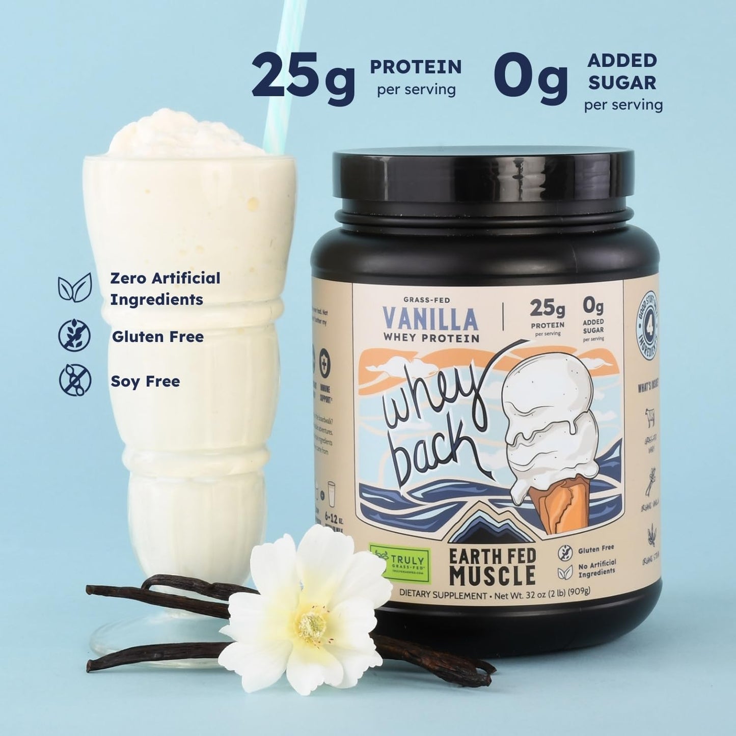 Earth Fed Muscle Whey Back Irish Grass Fed Whey Protein Isolate - NSF-Certified. No Artificial Ingredients, Soy Free, Gluten Free, Non-GMO and Hormone Free (2 Pound, 29 Servings, Vanilla) - Medaid International