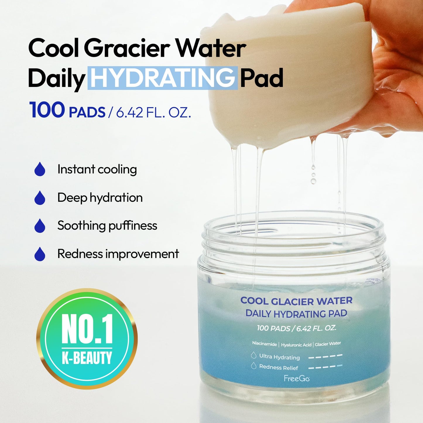 FreeGo Cool Glacier Water Daily Hydrating Pad (100 Pads), K-Beauty Facial Toner Pads for Puffy Dehydrated Skin, Instant Cooling Hydration - Medaid International