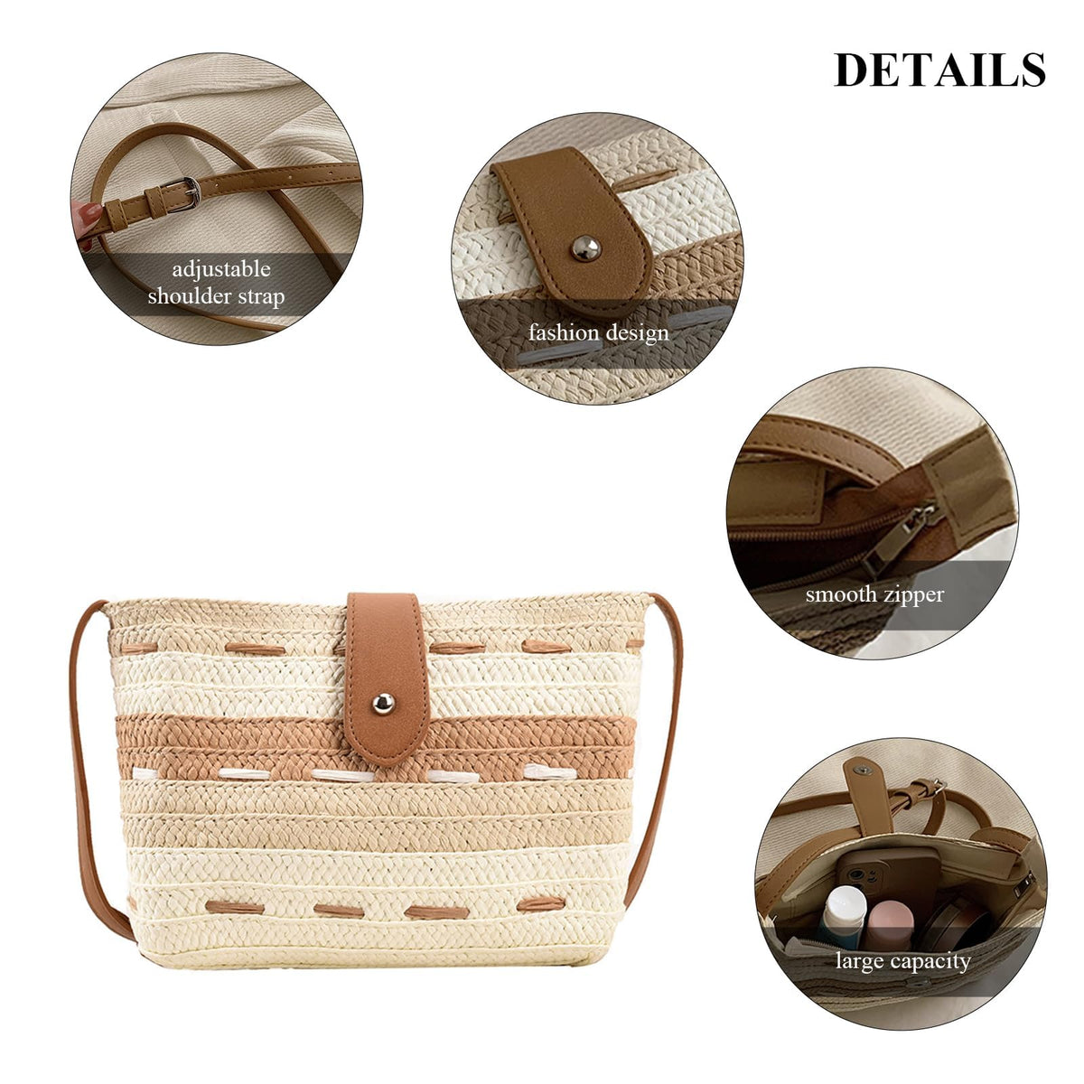 TERRIFI Straw Crossbody Bags for Women, Summer Straw Purse and Handbags, Hand-woven PomPom Straw Crossbody Bag Summer Beach Envelope Purse Wallet