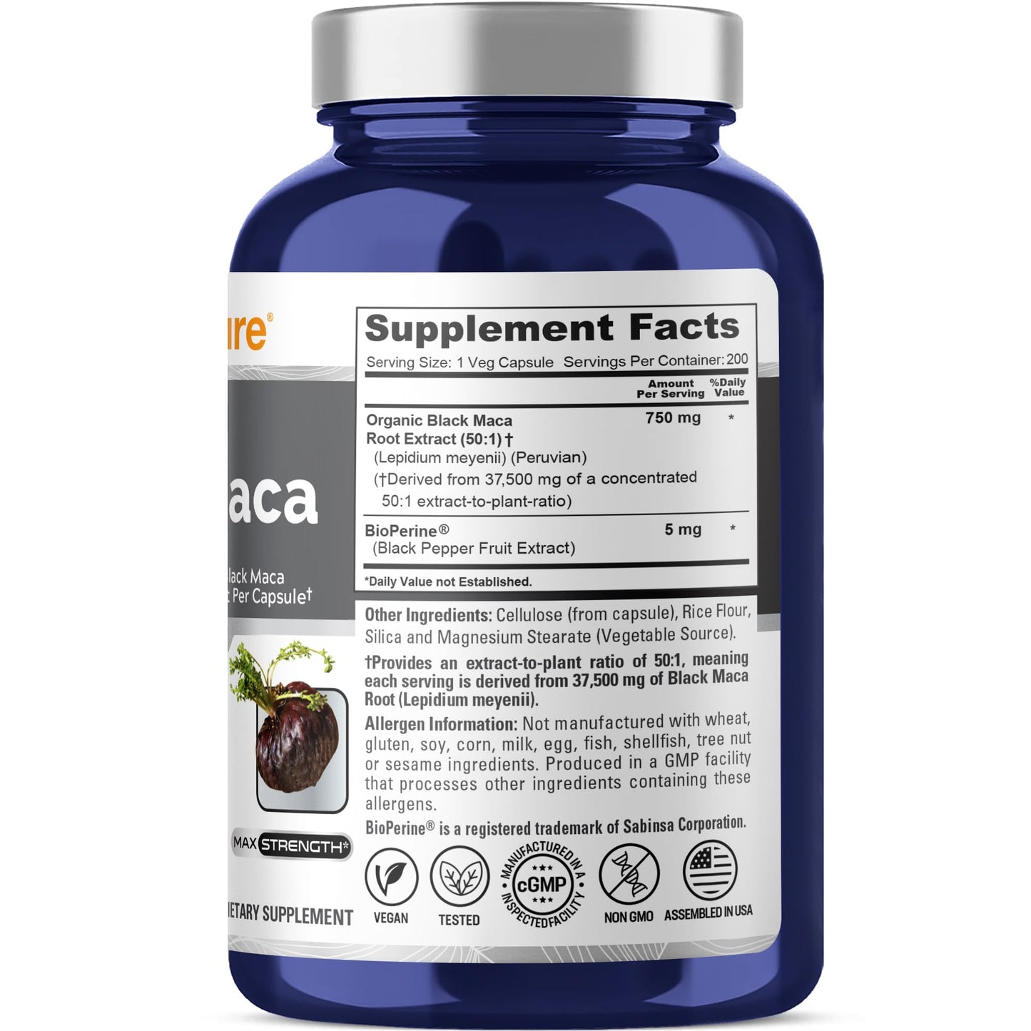 NusaPure Black Maca Root 50:1 Extract, 750 mg Equivalent to 37,500 mg 200 Veggie Per Caps (Vegan, Non-GMO) - Medaid International