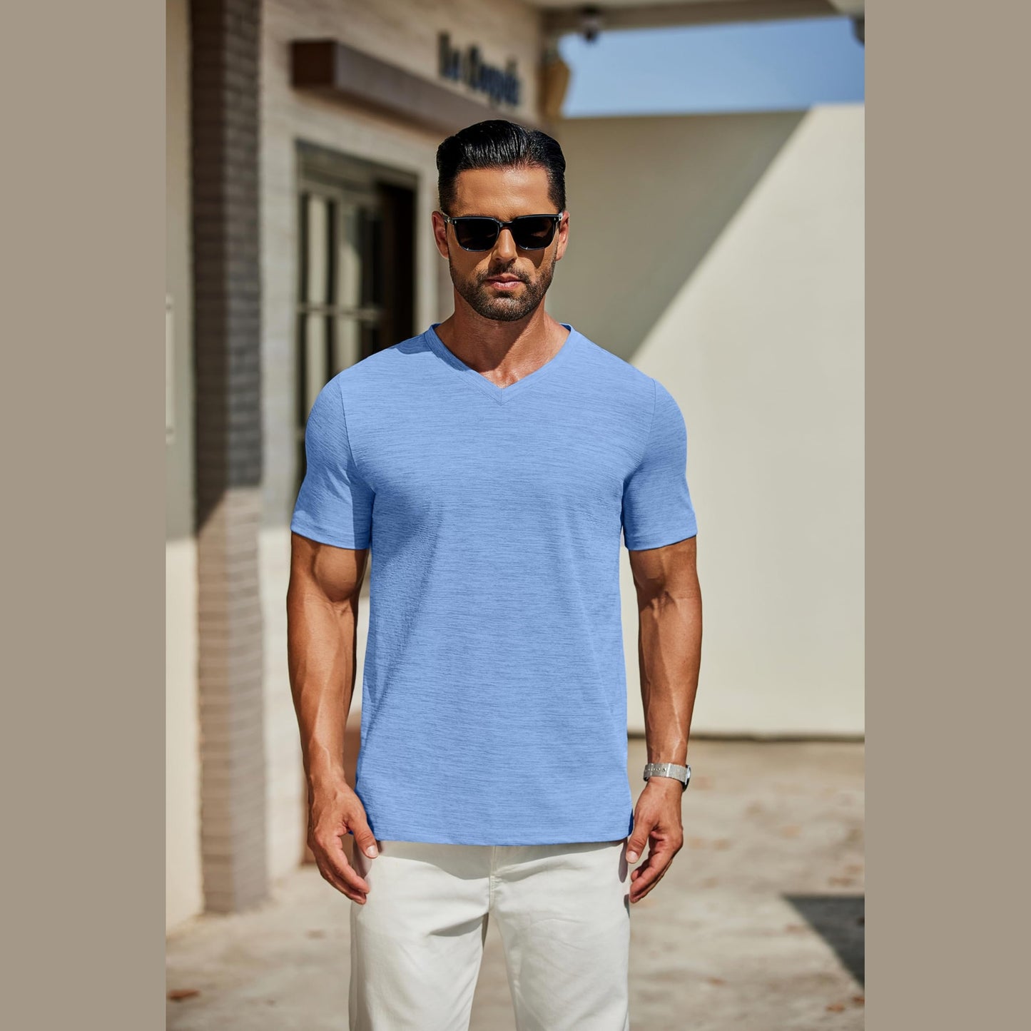 COOFANDY Men's T Shirts Short Sleeve Classic V Neck T-Shirt Casual Summer Basic Tee Shirt Light Blue - Medaid International