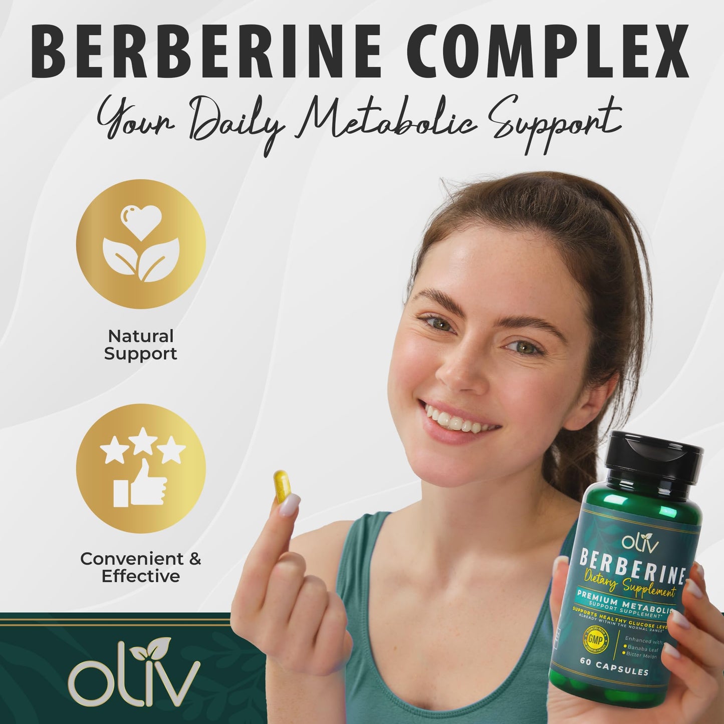 oliv Pure Berberine Supplement Capsules – Berberine HCI 1000mg - Natural Metabolic Support with 200mg Bitter Melon Fruit Extract and 50mg Banaba Leaf – 2 Veggie Capsules Daily (30 Servings) - Medaid International