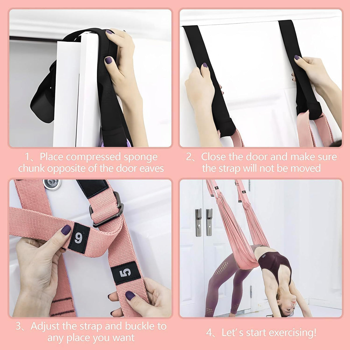 KASTWAVE Leg Stretcher Strap with Door Anchor, Yoga Stretching Rope for Backbend Training, Flexibility Equipment for Fitness Gymnastics Dance and Aerial Ballet, Pink