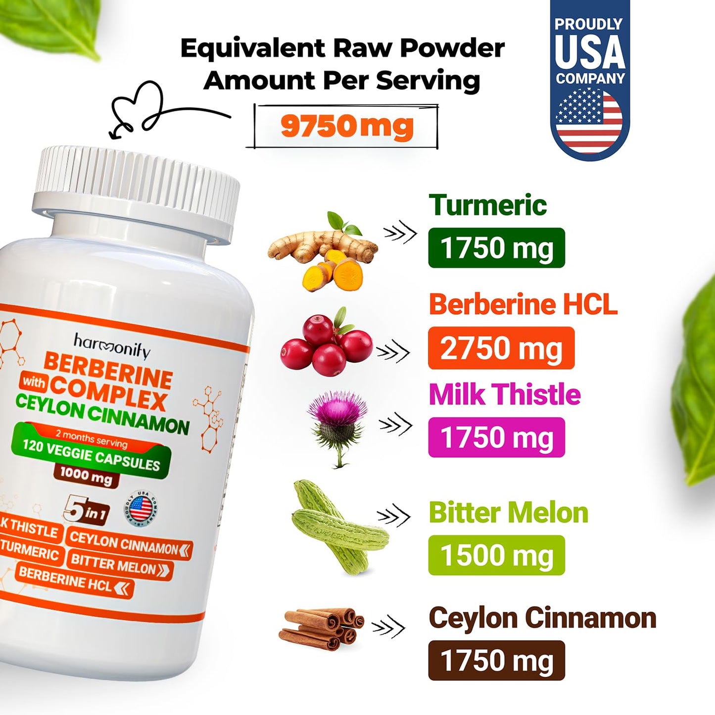 HARMONIFY Berberine Supplement with Ceylon Cinnamon, Milk Thistle, Turmeric, Bitter Melon Complex, 120 Capsules, 1000 mg, Vegan, Non-GMO - Medaid International
