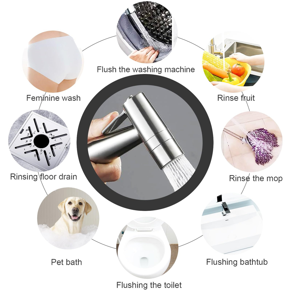 Handheld Bidet Sprayer Dual Function Nozzle Stainless Steel Baby Cloth Diaper Spray Set, 1.5m Shower Hose and Fitting, Toilet Bidet Sprayer for Washing Hair or Wash Basin