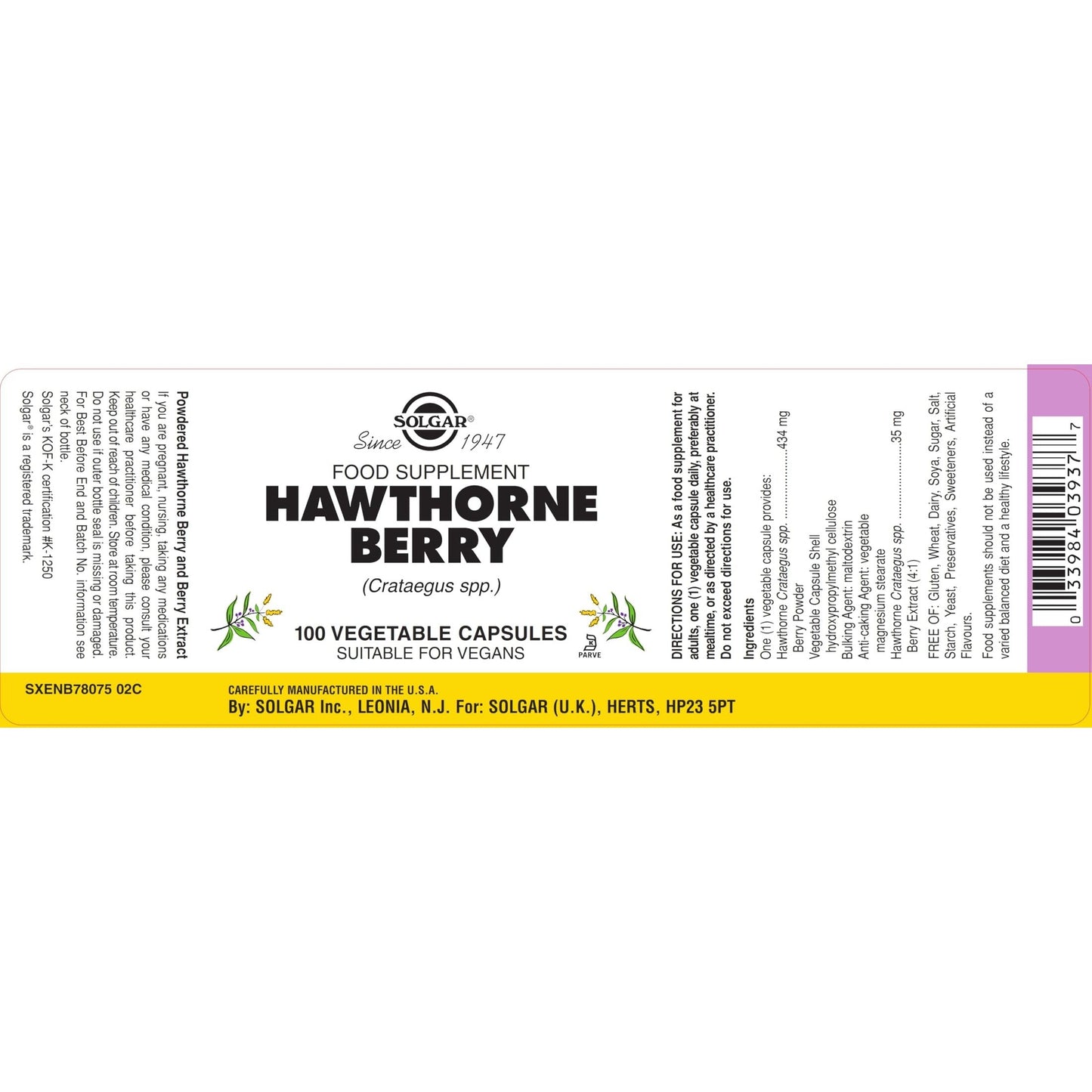 Solgar Full Potency Hawthorne Berry Vegetable Capsules, 100 Count - Medaid International