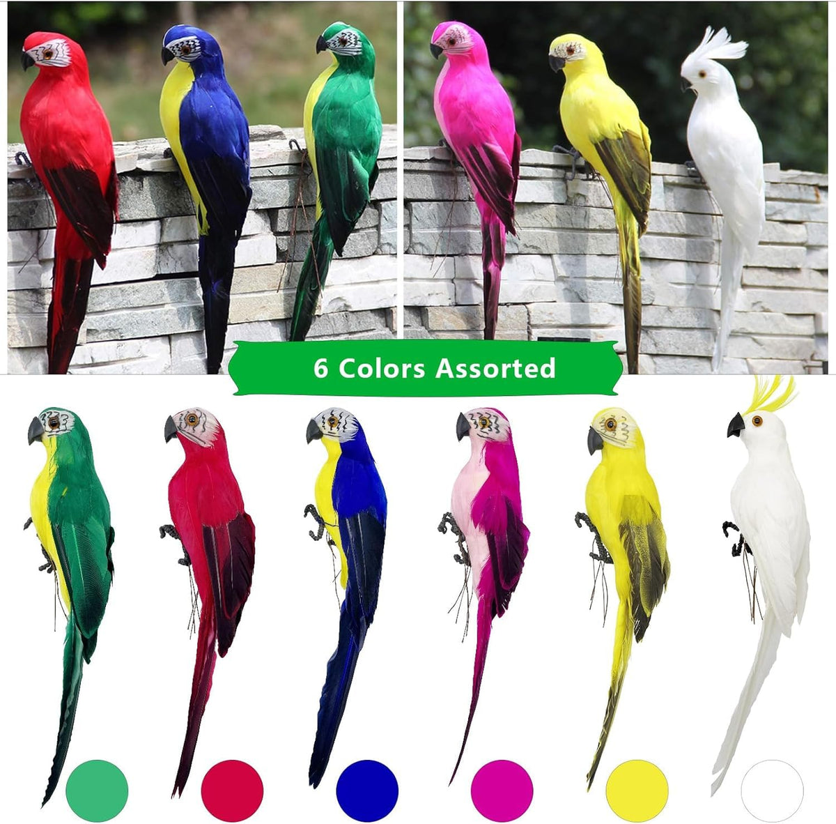 KASTWAVE Artificial Birds Fake Pirate Parrot Feathered Figure Decor for Craft Jungle Garden Home Ornament Decoration, Pack of 6 Decorative Bird Prop