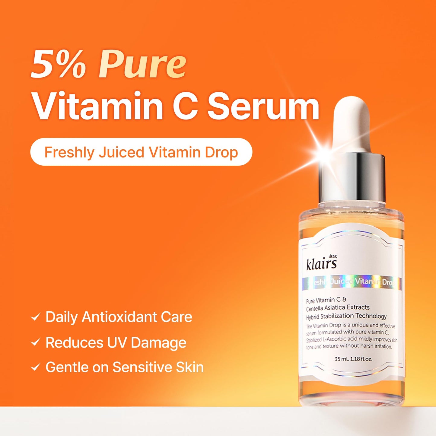 DearKlairs Freshly Juiced Vitamin Drop, 5% Hypoallergenic pure vitamin C serum, 1.18oz | Ascorbic acid, antioxidant for face, korean skincare - Medaid International
