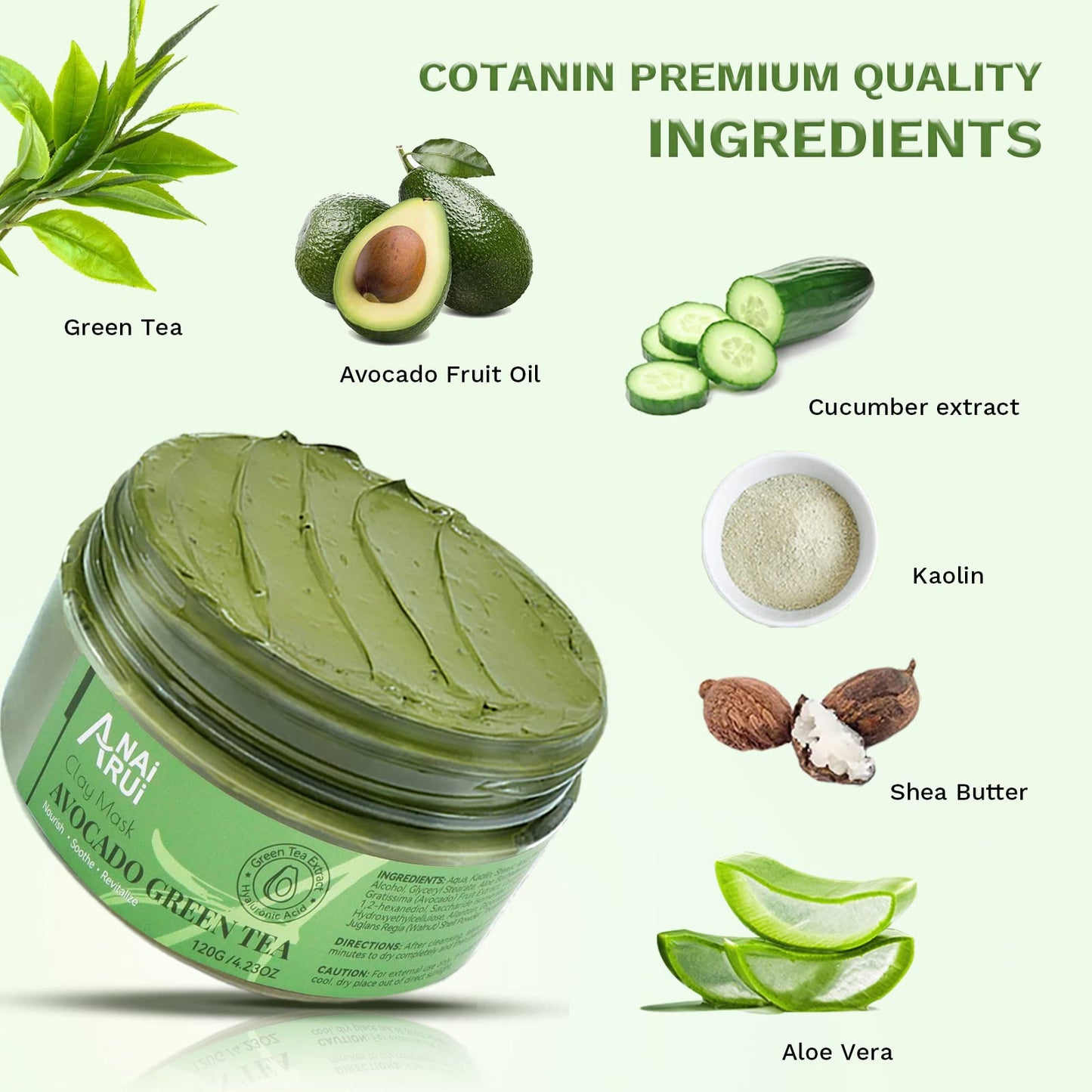 ANAI RUI Green Tea Face Mask with Avocado, Clay Facial Mask for Acne, Detox, Face Cleansing Mask, Hydrating, Nourishing, Soothing, 120g/4.23 oz - Medaid International