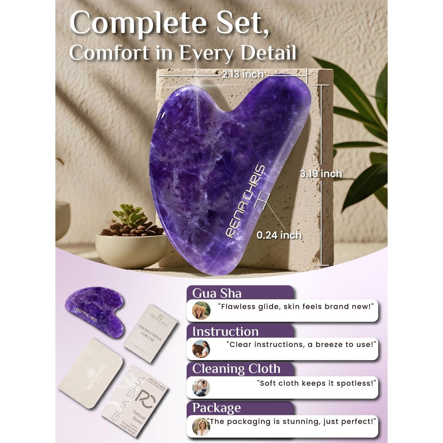 Rena Chris Gua Sha Facial Tools: Natural Amethyst Guasha Tool for Face Acupuncture Therapy, Facial Massager for Jawline Sculpting and Puffiness Reducing (Purple) - Medaid International