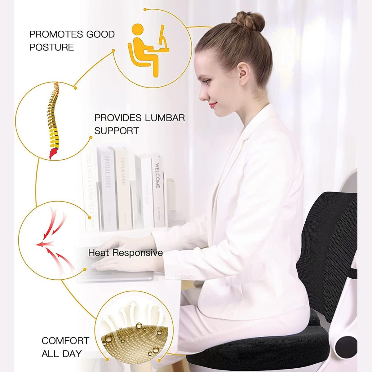 Back & Seat Cushions, Lumbar Support Pillow with Adjustable Strap-Chair, Cushions for Sciatica Pain Relief with Washable Cover, Orthopedic Seat Cushion and Lumbar Support Pillow for Office Chair - Medaid International