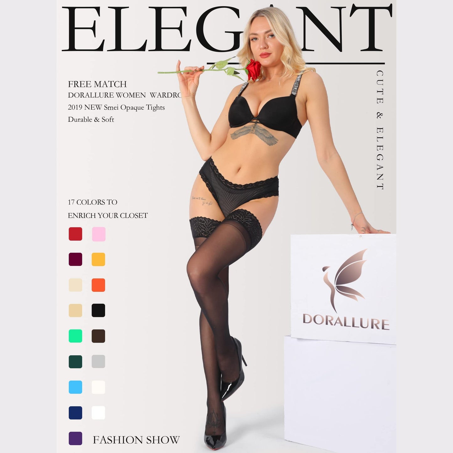 DORALLURE Thigh High Stockings Silicone Lace Top Stay Up Silky Semi Sheer Pantyhose for Women Hold Up Nylon,Black - Medaid International