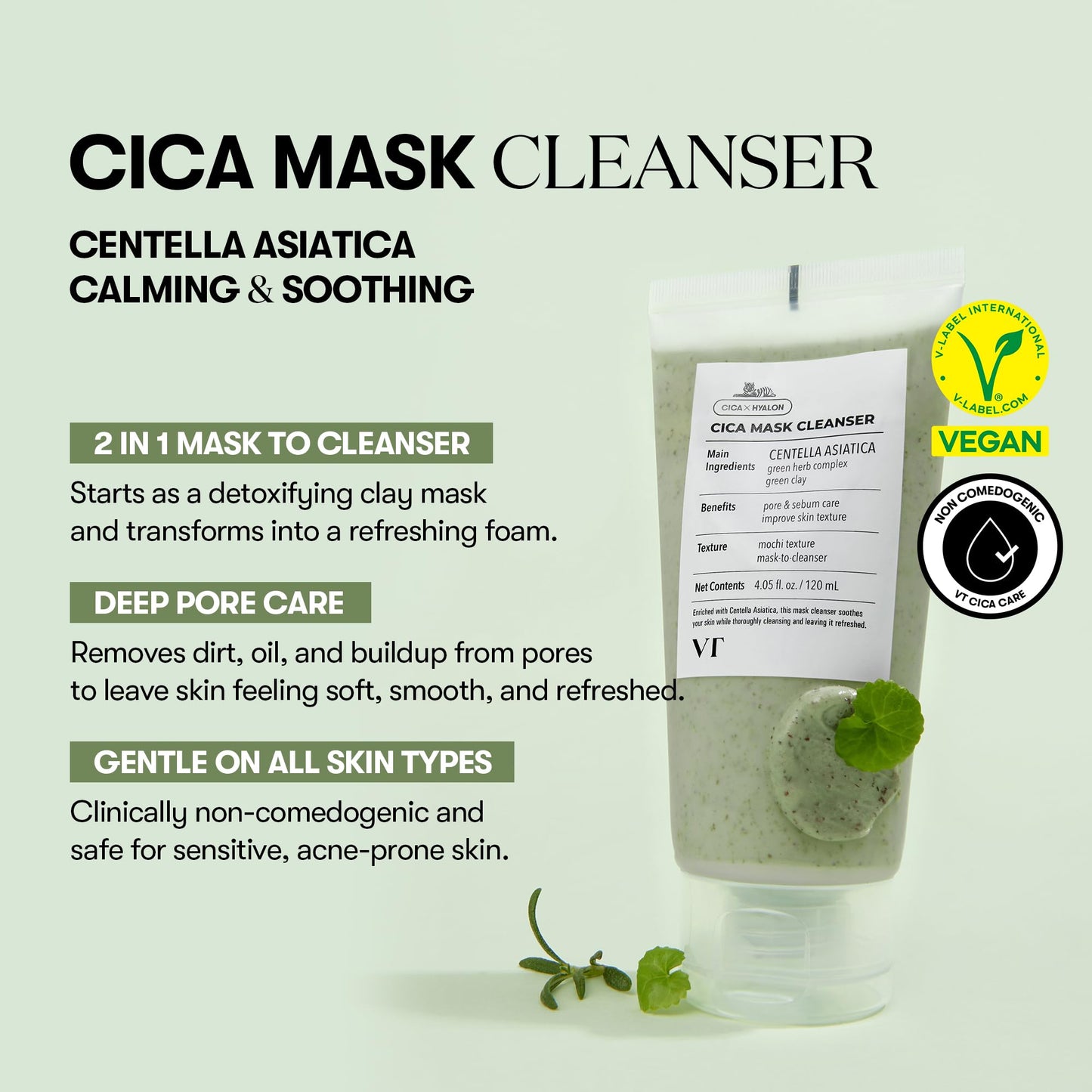 VT COSMETICS CICA Mask Cleanser, 2-in-1 Facial Wash, Non-Drying Clay Mask, Gentle Pore Care, Exfoliating, Hydrating, Centella Asiatica for Acne-Prone & Sensitive Skin, Korean Skincare (4.05 fl. oz) - Medaid International