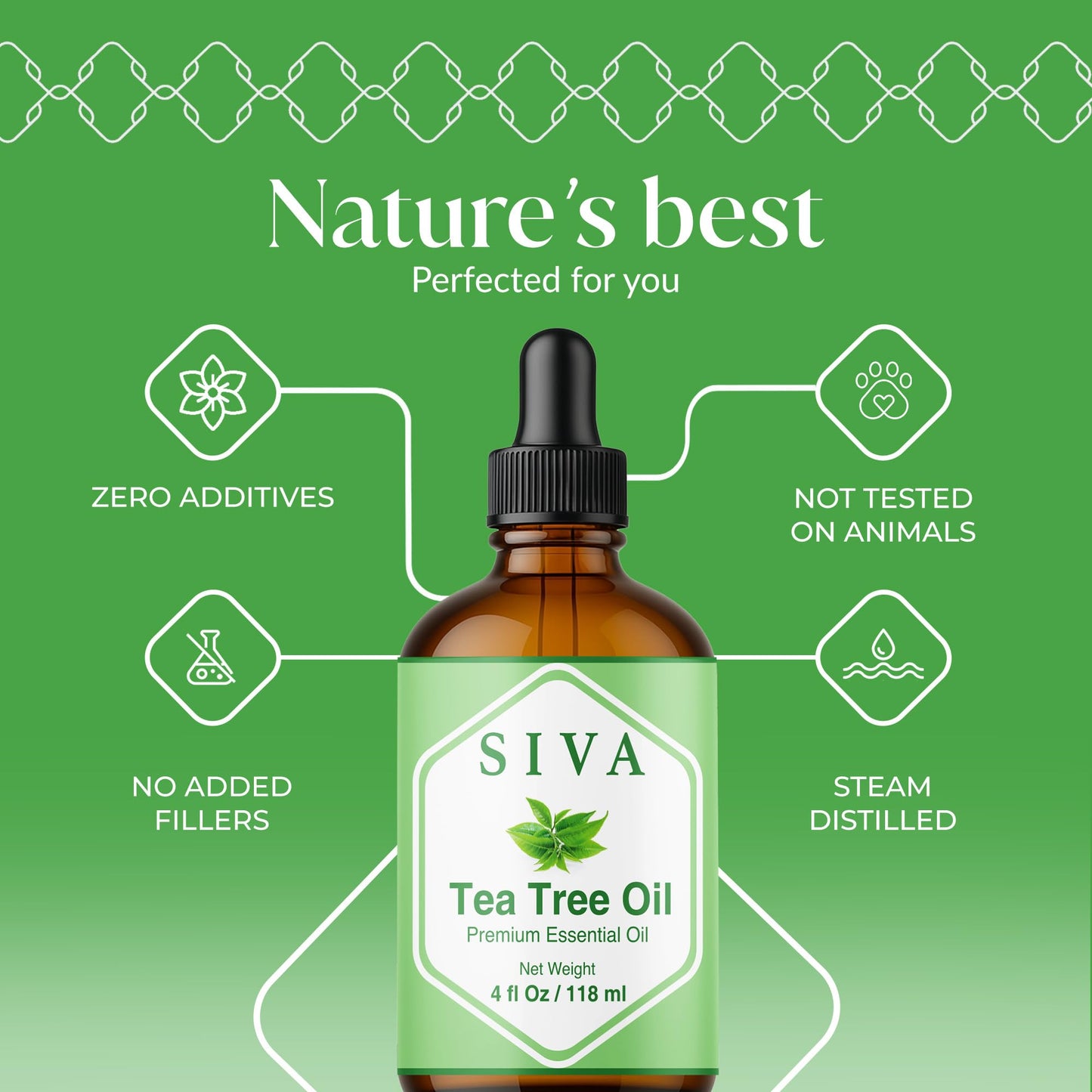 Siva Tea Tree Essential Oil - 4 Fl Oz – 100% Natural Tea Tree Oil - for Diffuser, Face, Skin Care, Aromatherapy, Hair Care, Scalp and Body Massage - with Dropper - Medaid International