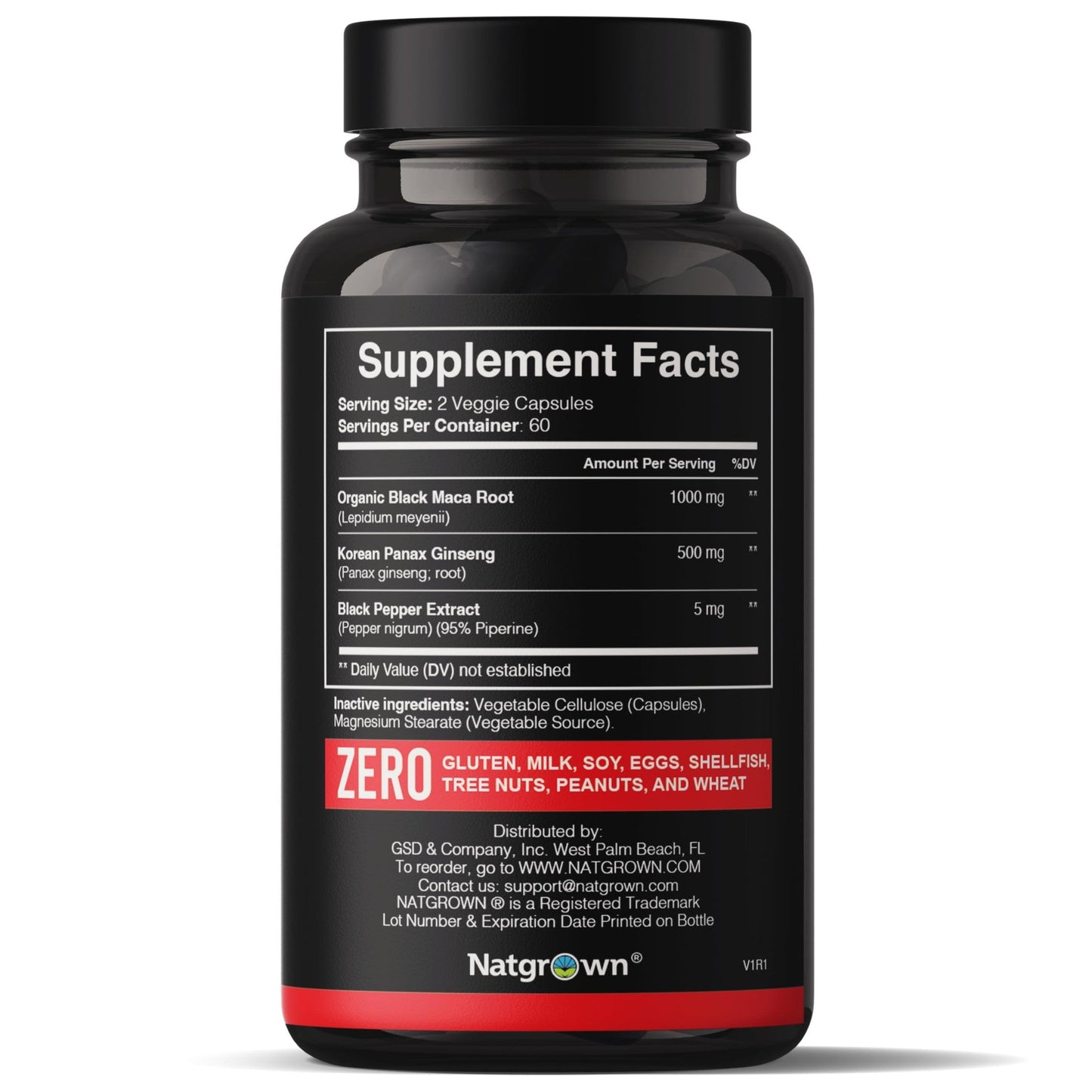Natgrown Black Maca Root + Panax Ginseng Powder Capsules 1500 mg with Black Peruvian Maca Root & Korean Panax Ginseng Supplement for Men and Women - Vegan Pills (120 Count) - Medaid International