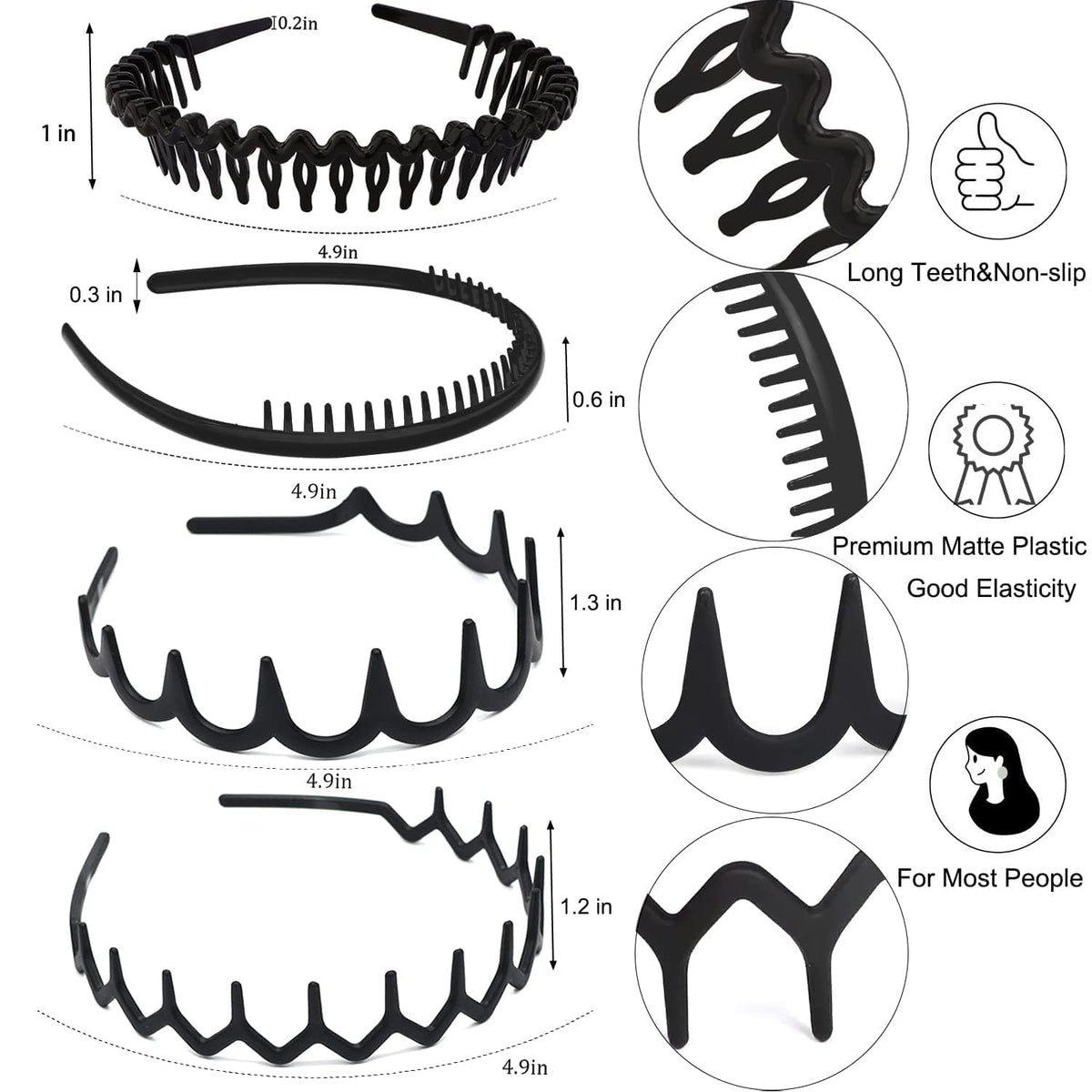 KASTWAVE Fashion No Slip Effortless Plastic Headbands, Teeth Comb Black Skinny Hair Bands for Women Men Teen Girls, Matte Black (8PCS)