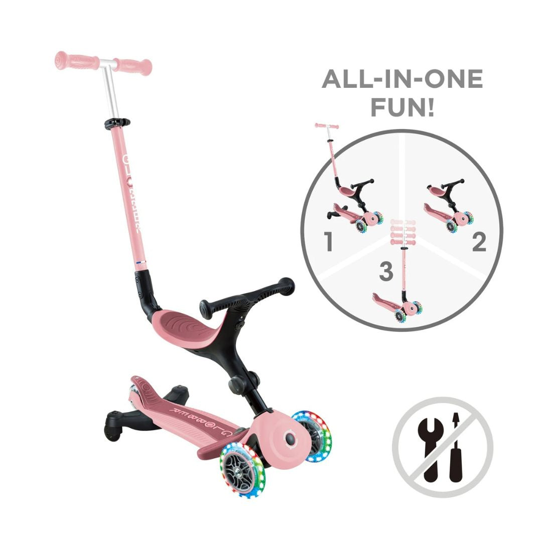 Globber GO UP Active Lights 360 Ride-On Scooter – Pastel Pink 3-in-1 Scooter with Seat