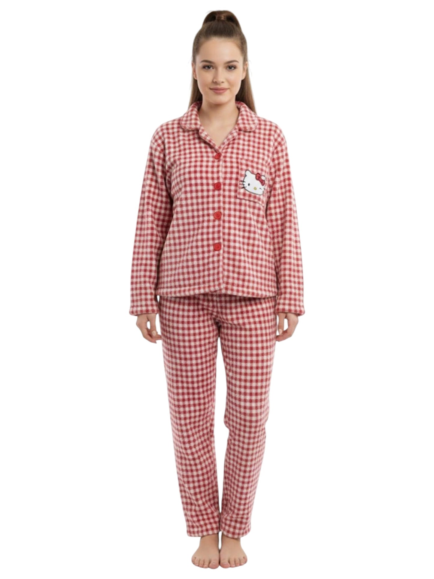 Women's Plaid Faux Fur Pajama Set,Red