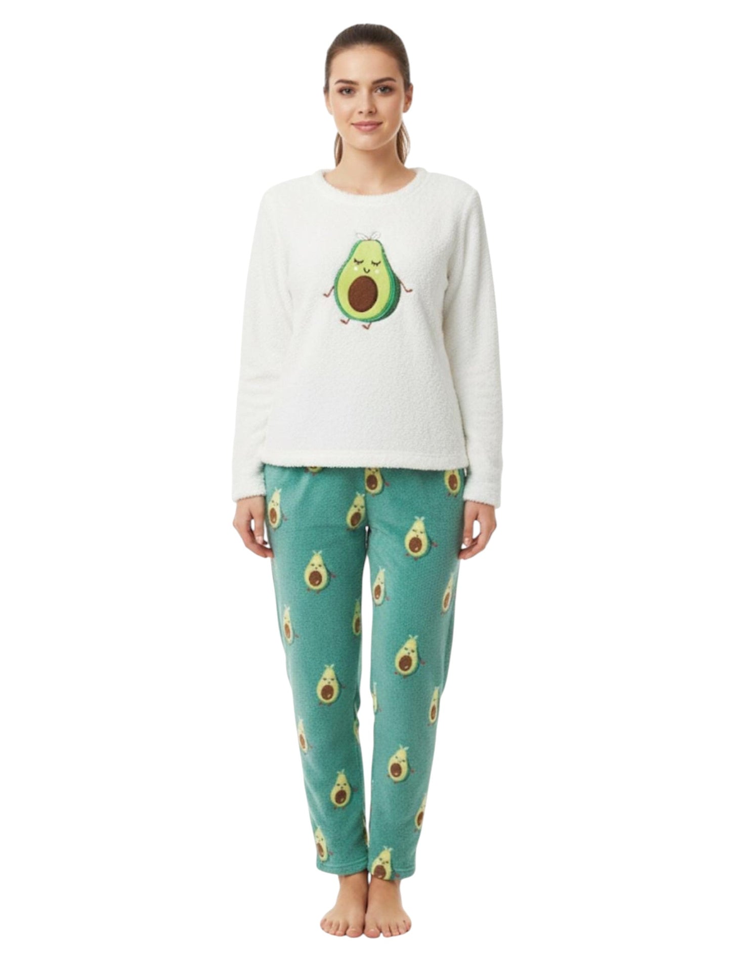 Women's Faux Fur Pajama Set,Green/White