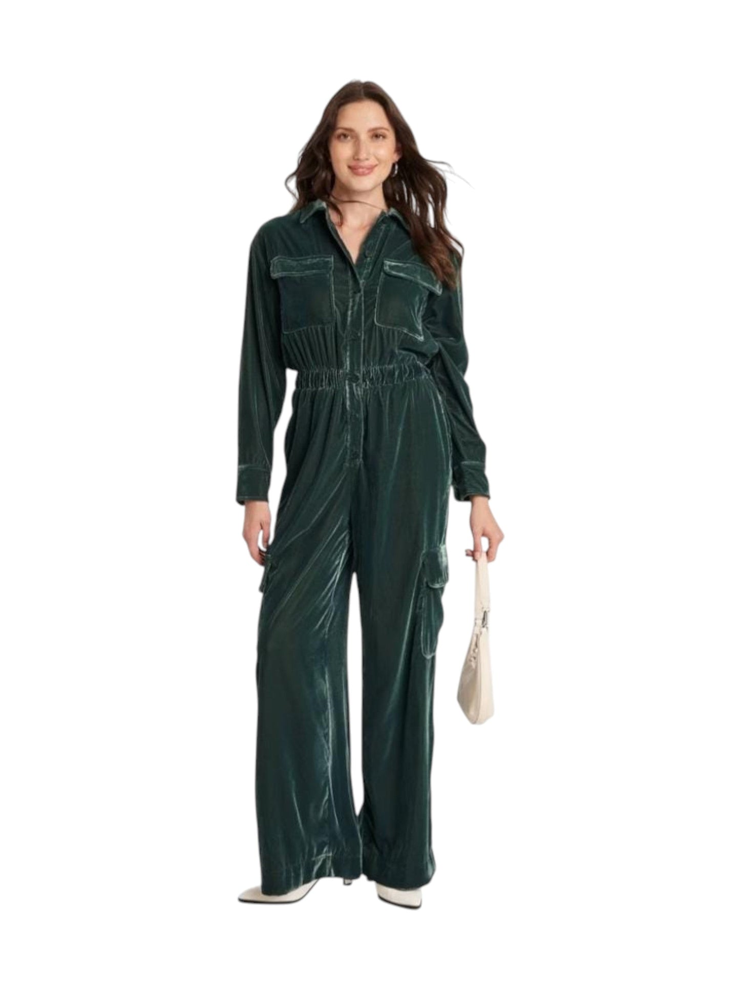 Women's Plain Velour Jumpsuit,Dark Green