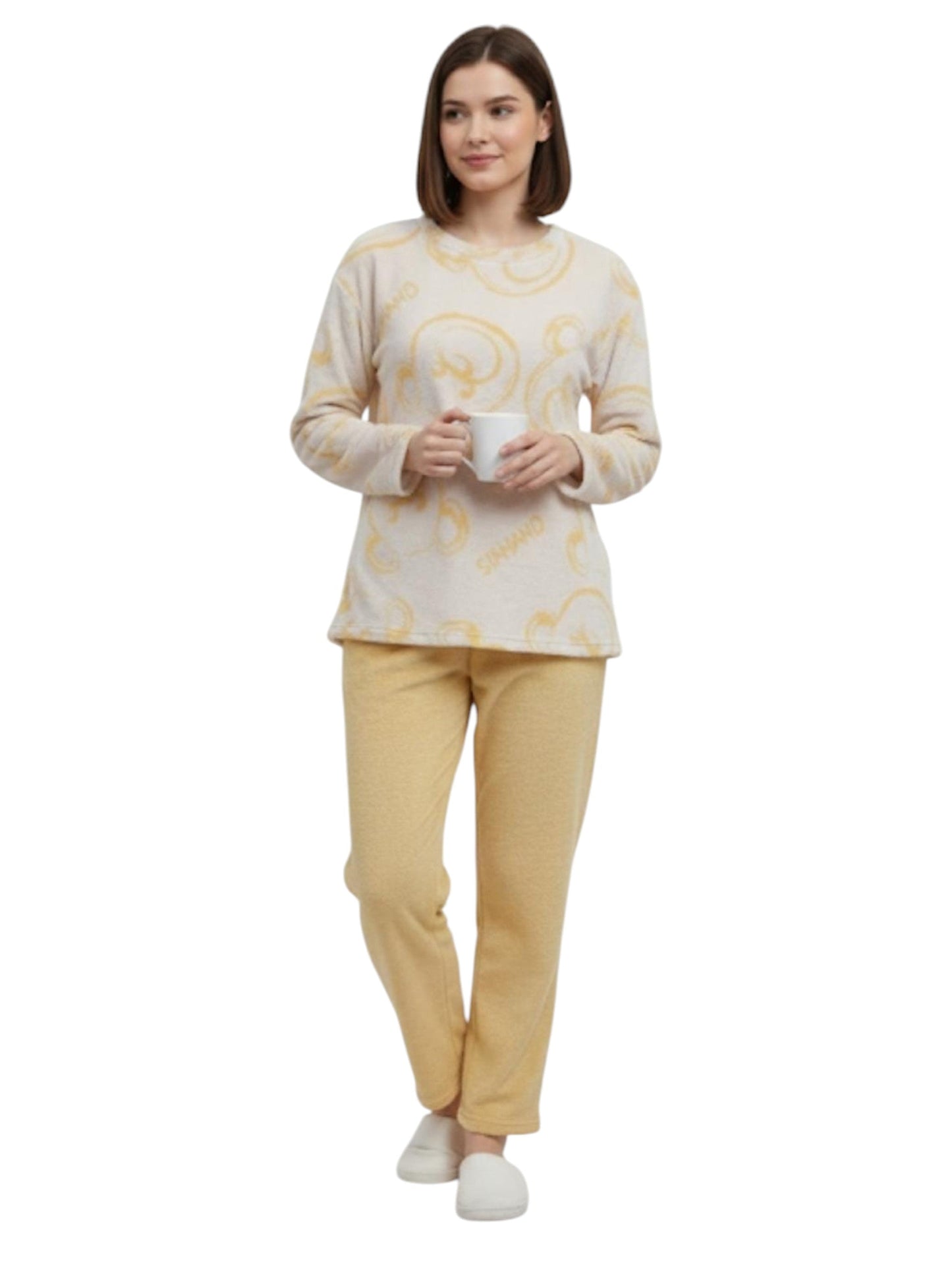 Women's Faux Fur Sleepwear Pajama Set,Yellow/ White