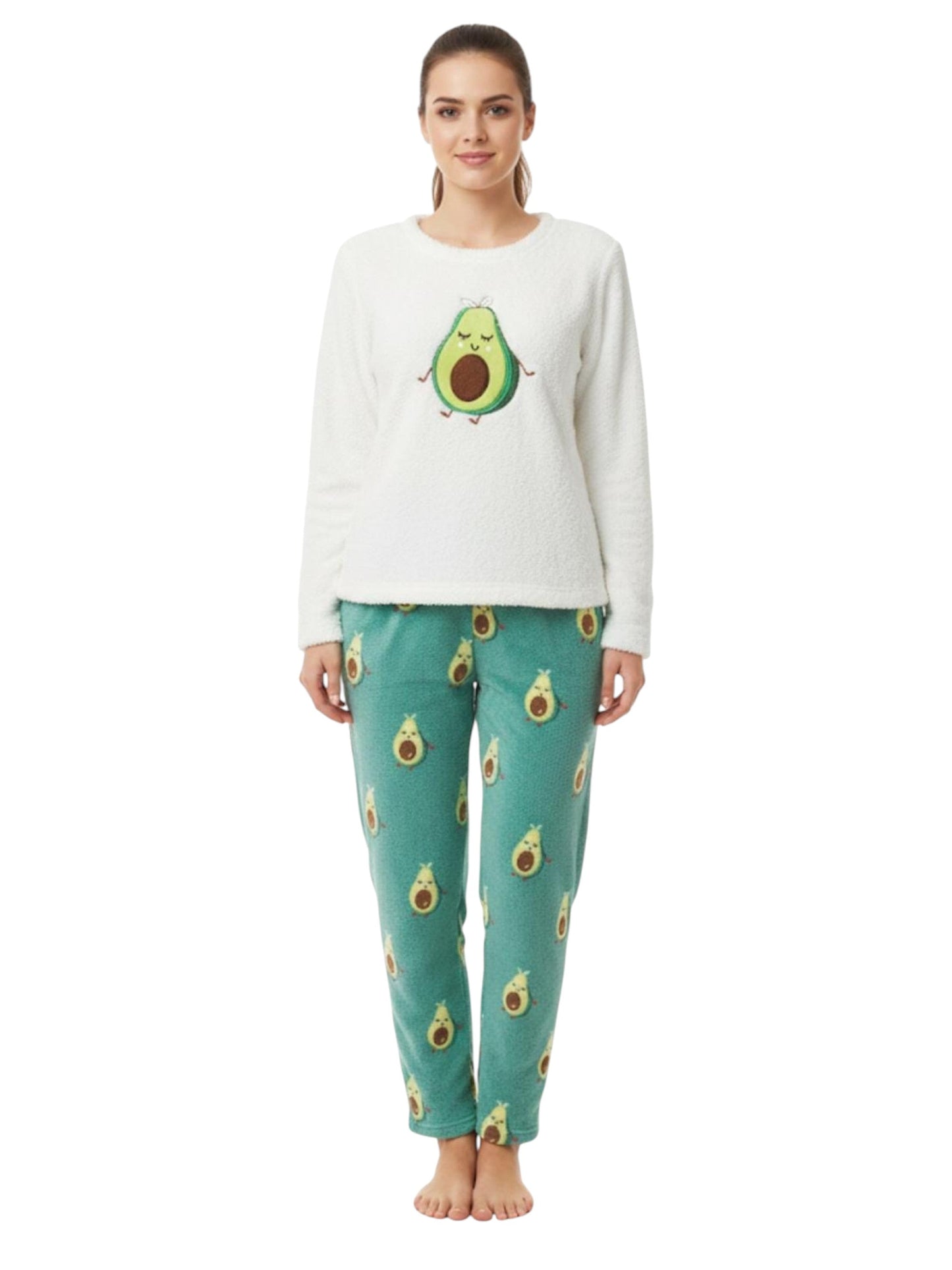 Women's Faux Fur Sleepwear Pajama Set,Green/ White