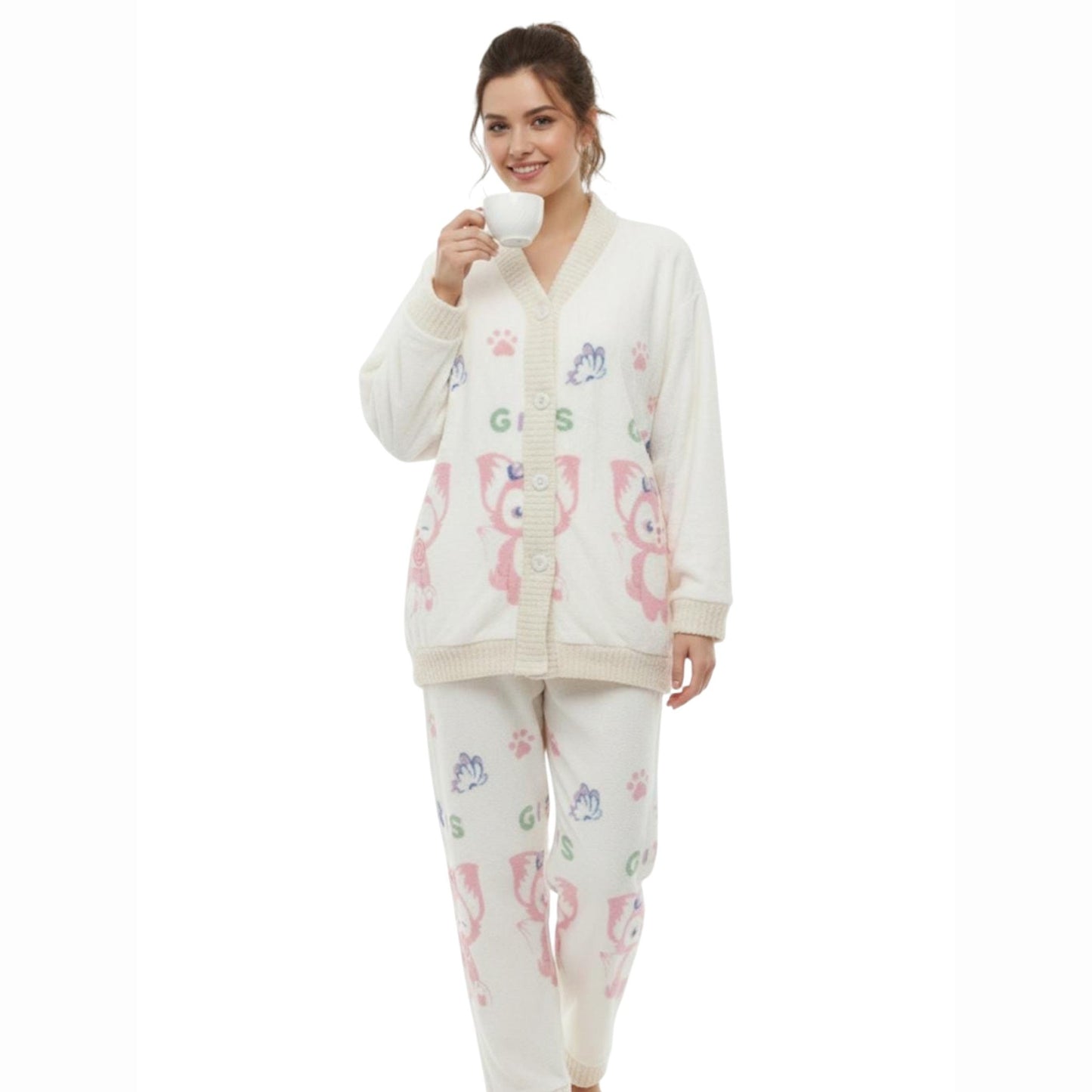 Women's Faux Fur Sleepwear Pajama Set,Off White