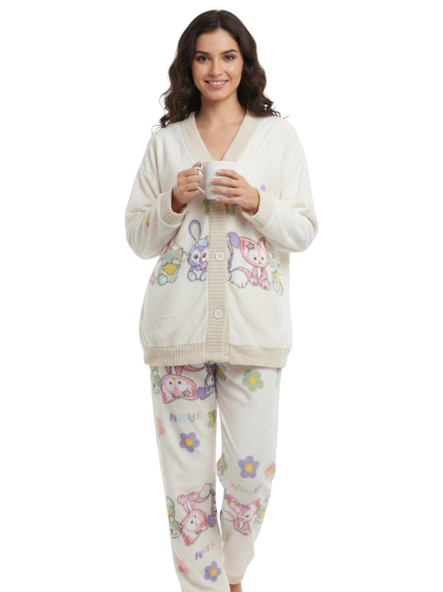 Women's Faux Fur Sleepwear Pajama Set,Off White