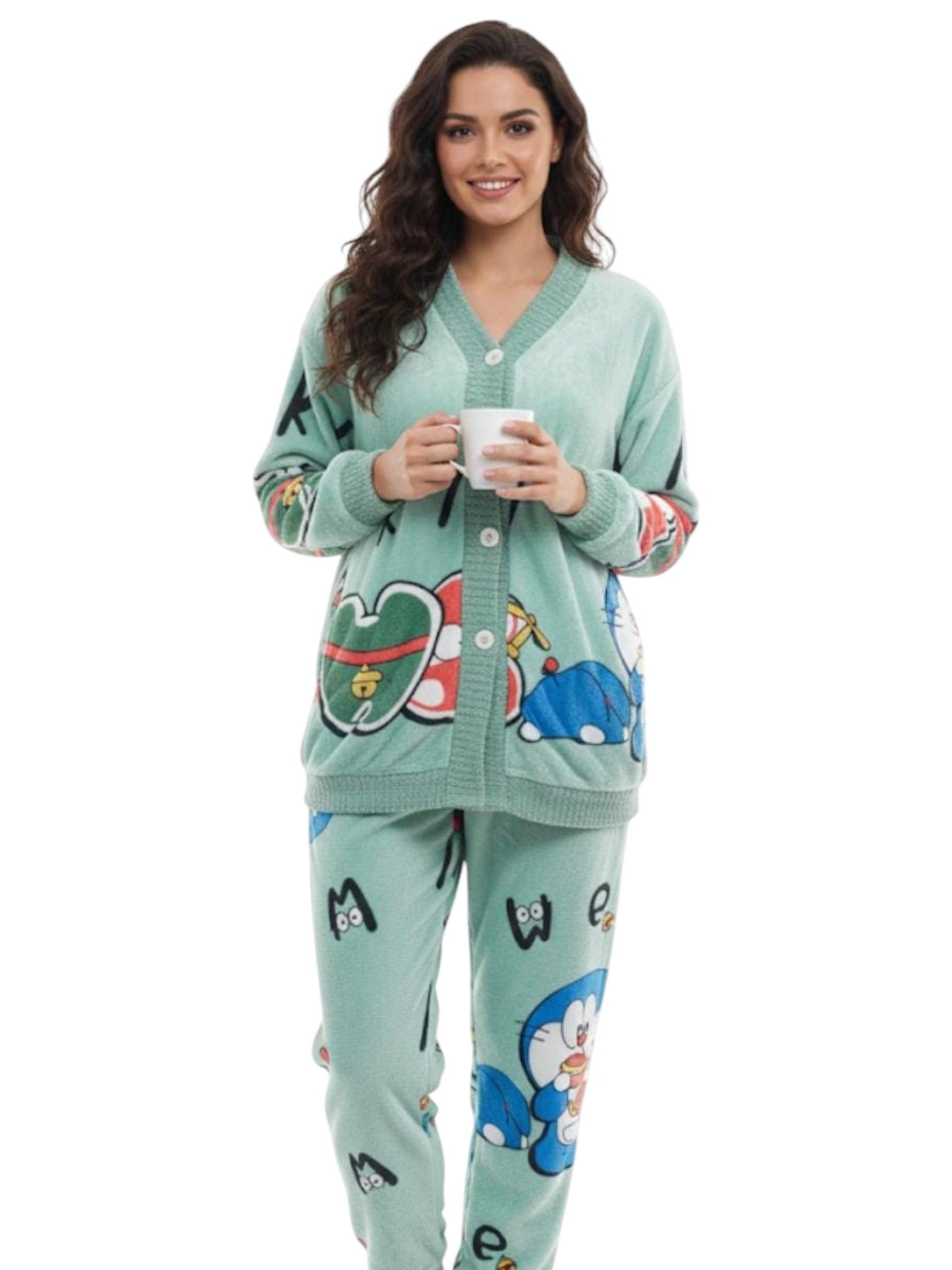 Women's Faux Fur Sleepwear Pajama Set,Light Green