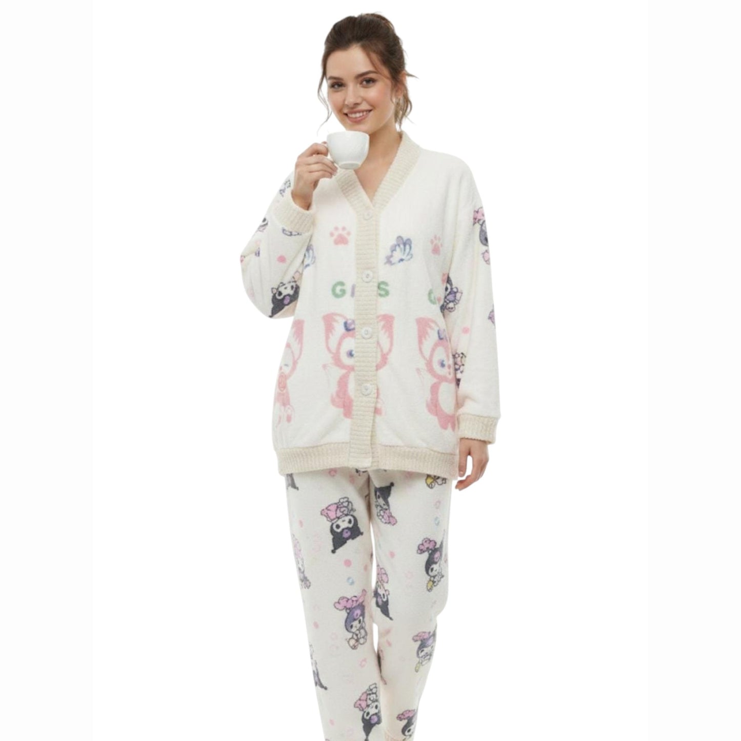 Women's Faux Fur Sleepwear Pajama Set,Off White