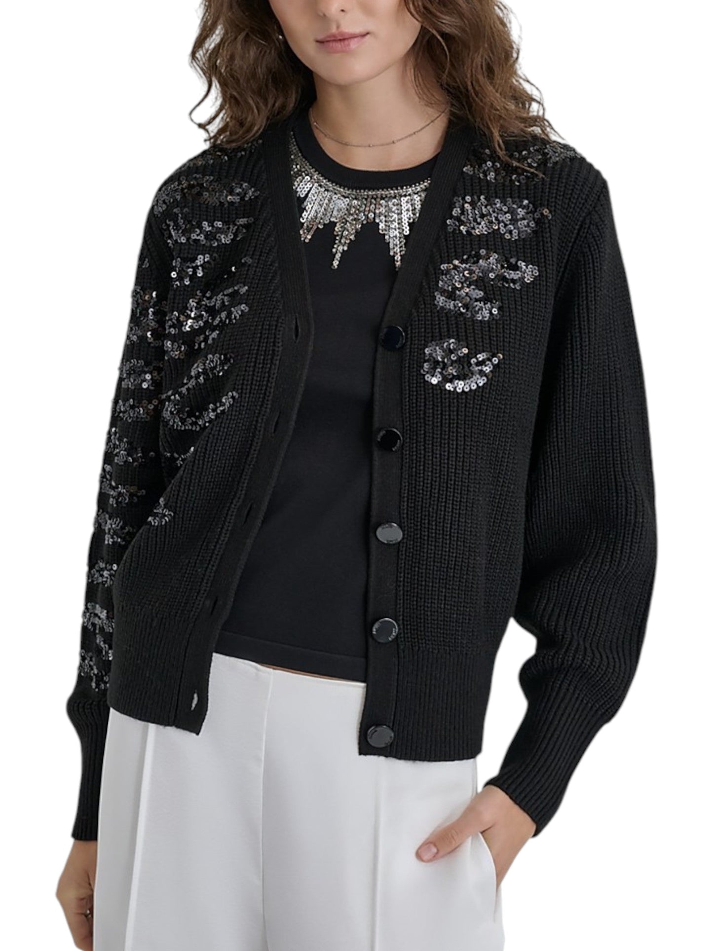Women's Sequined Knitted Cardigan,Black