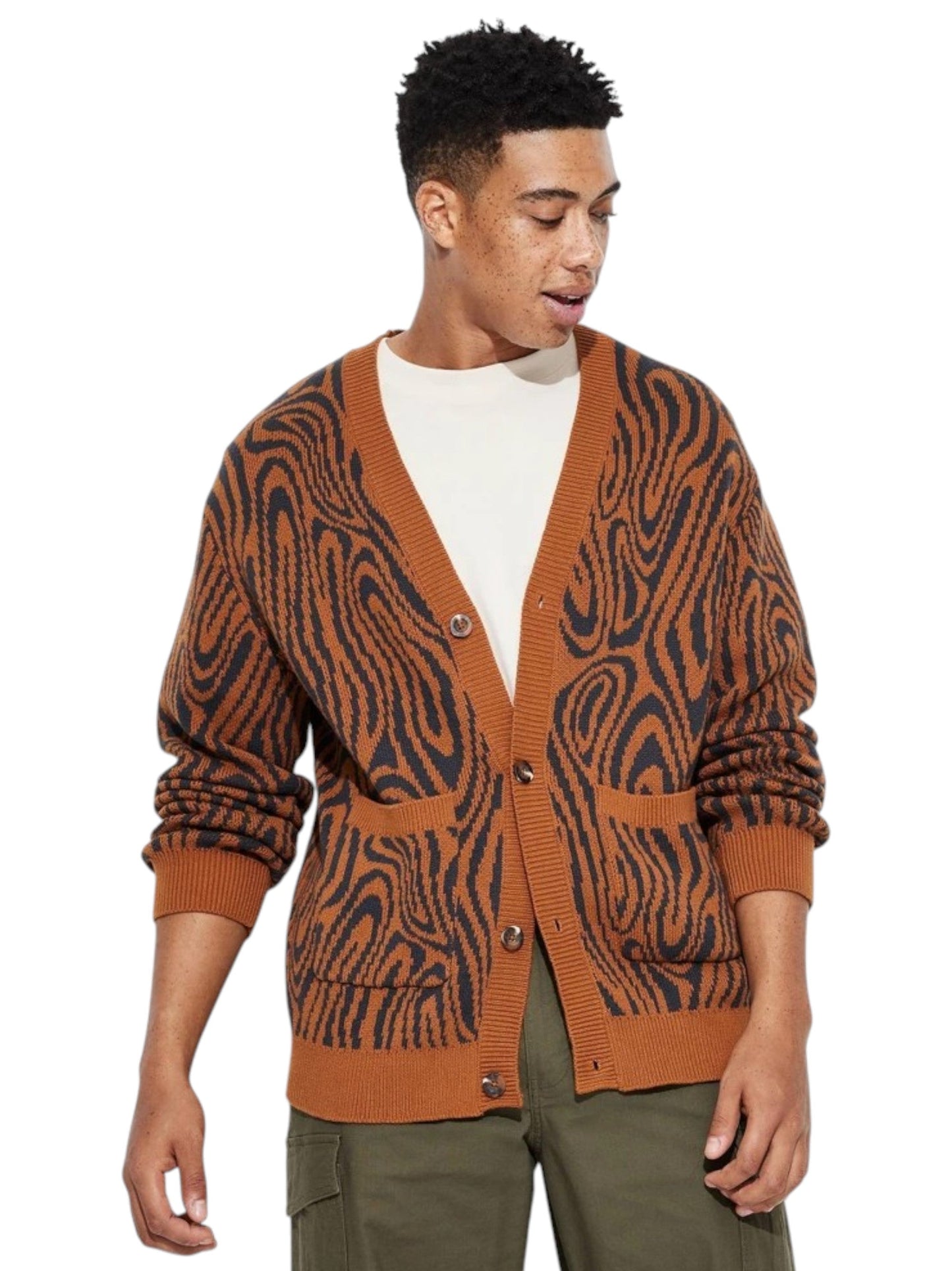 Men's Printed Cardigan,Brown/Black