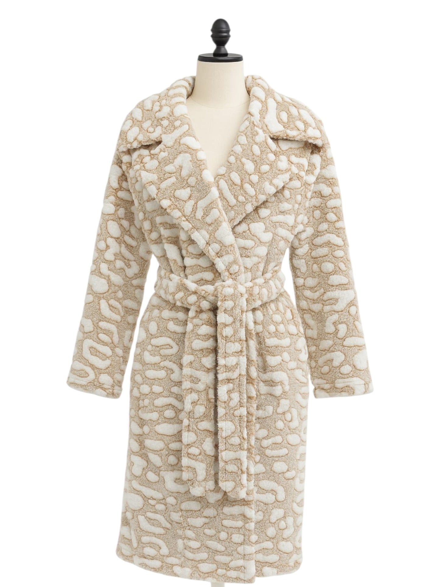 Women's Leopard Printed Faux Fur Robe&Belt,White/Taupe