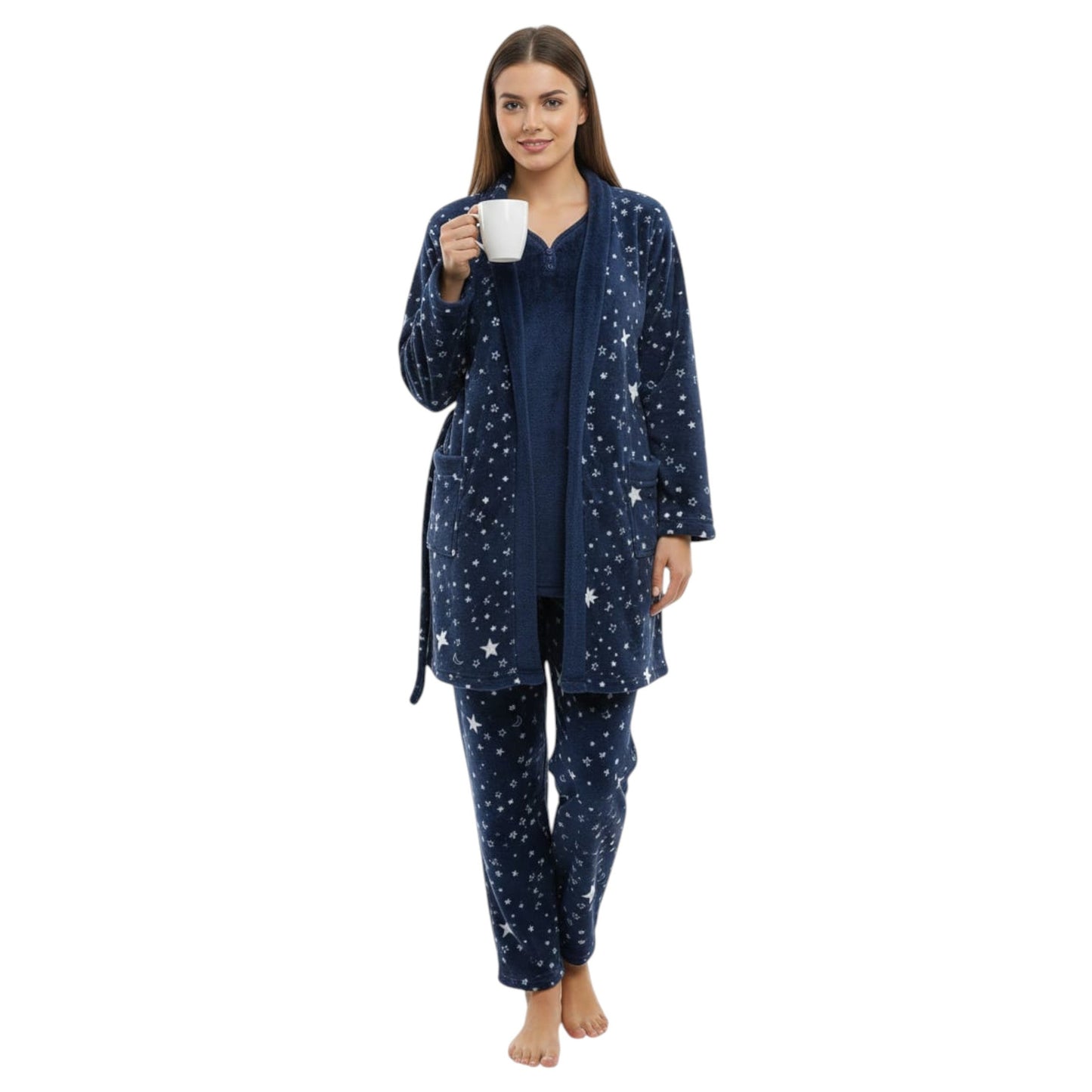 Women's Stars Printed Faux Fur Sleepwear Set,Navy