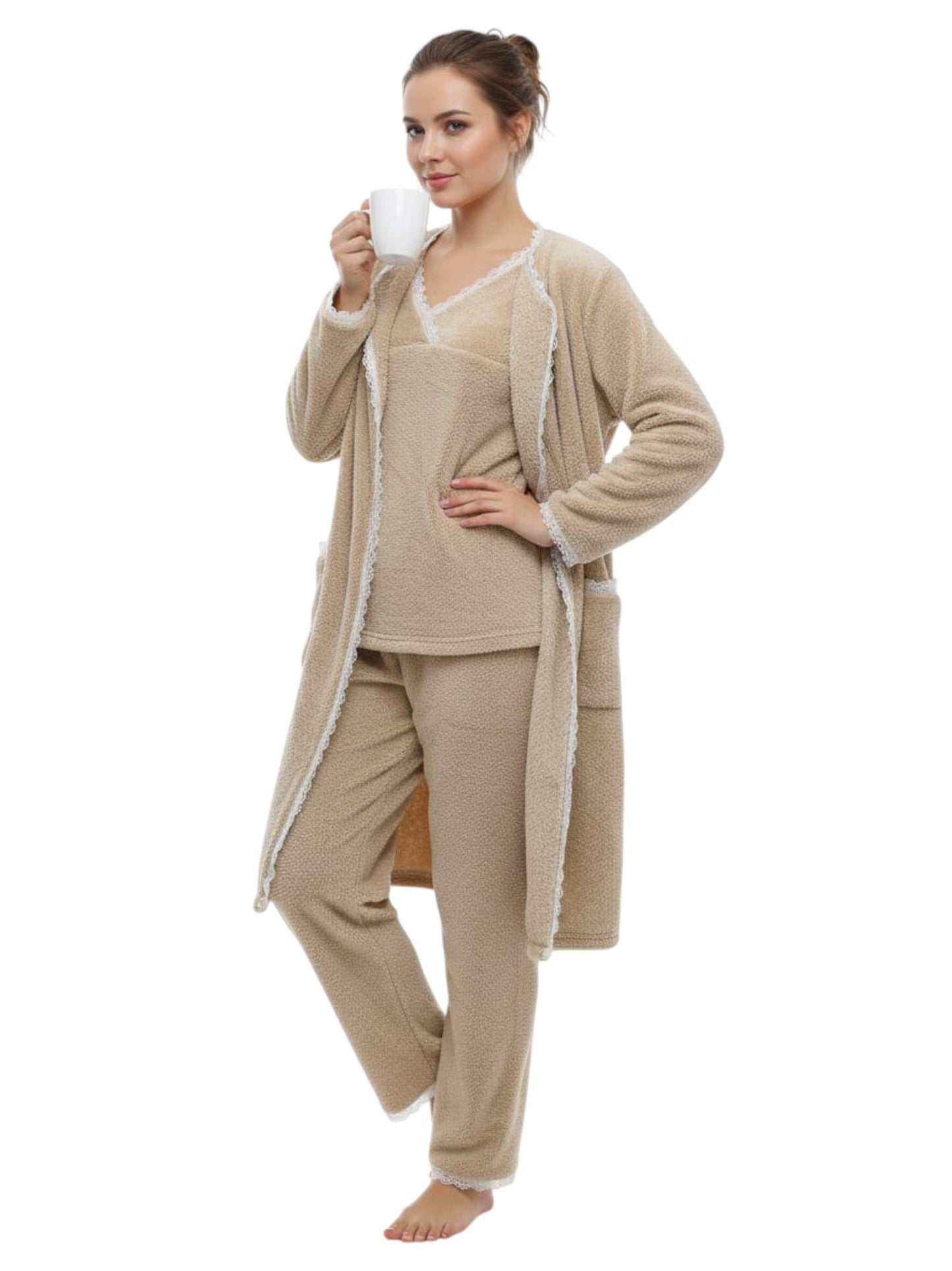 Women's Faux Fur Sleepwear Set,Beige