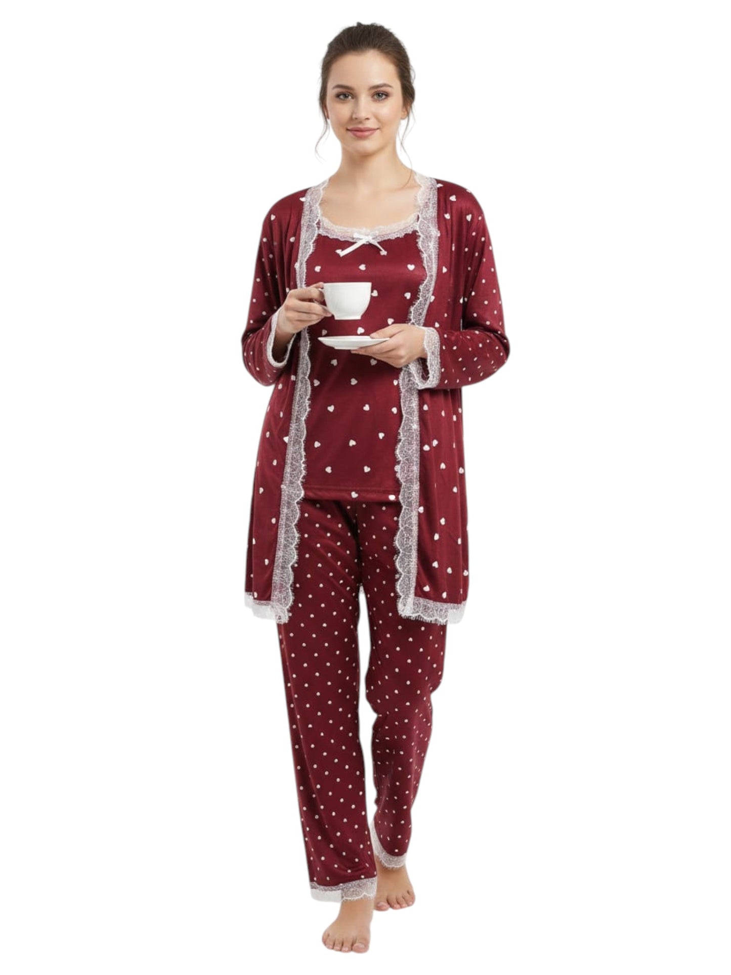 Women's Hearts Printed Sleepwear Set,Burgundy