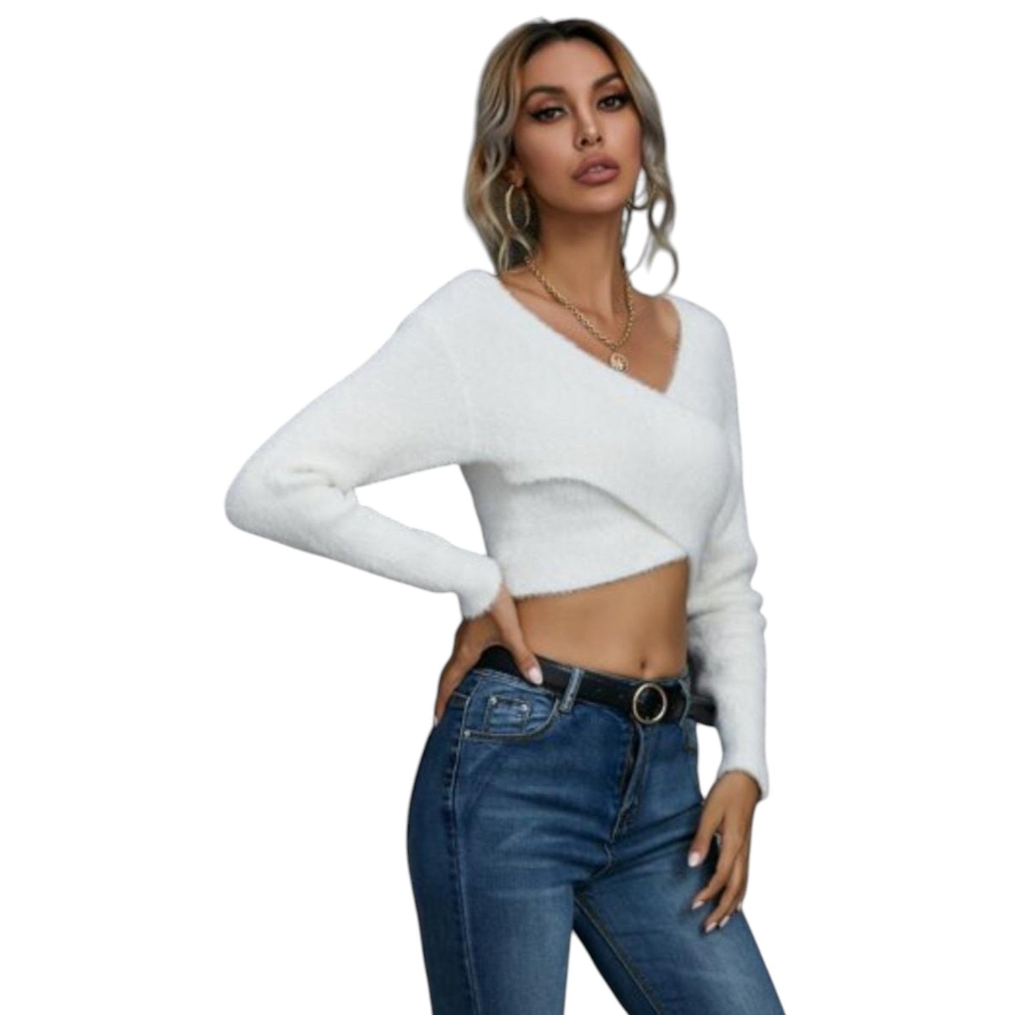 Women's Wrap Knitted Shiny Top,White