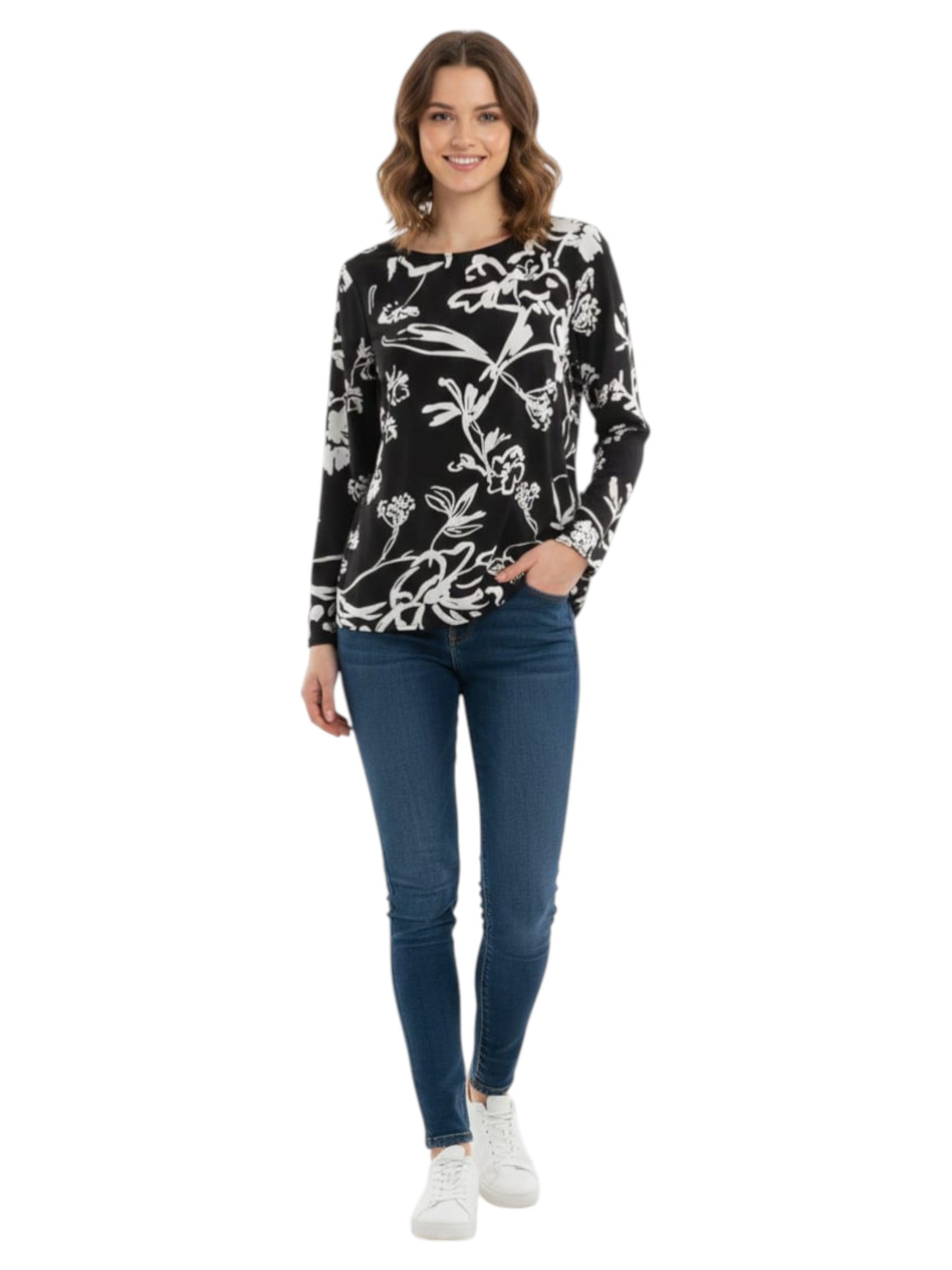 Women's Floral Printed Top,Black/White