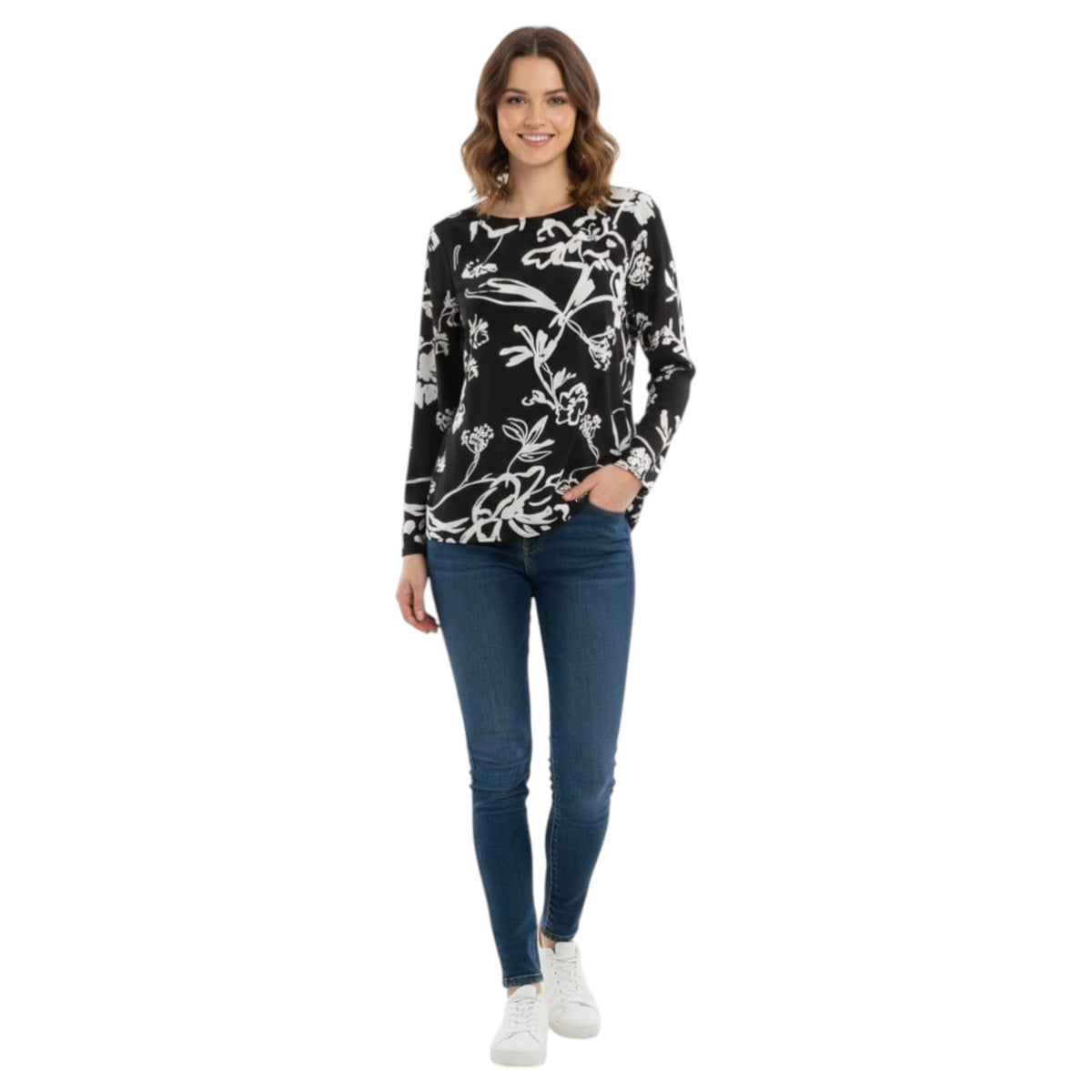 Women's Floral Printed Top,Black/White