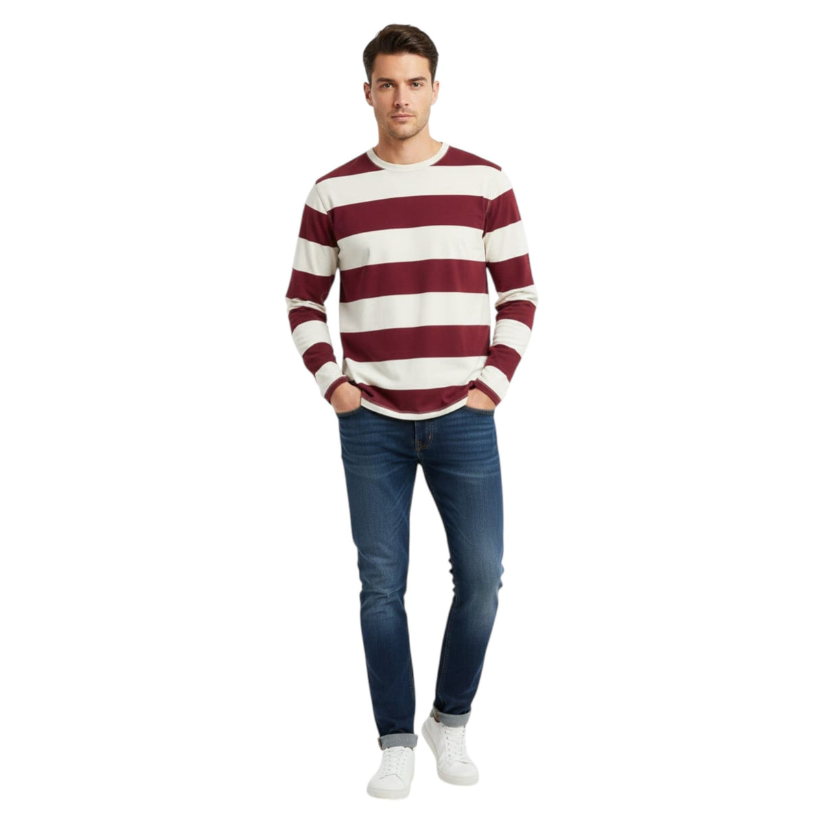 Men's Striped Shirt,White/Burgundy