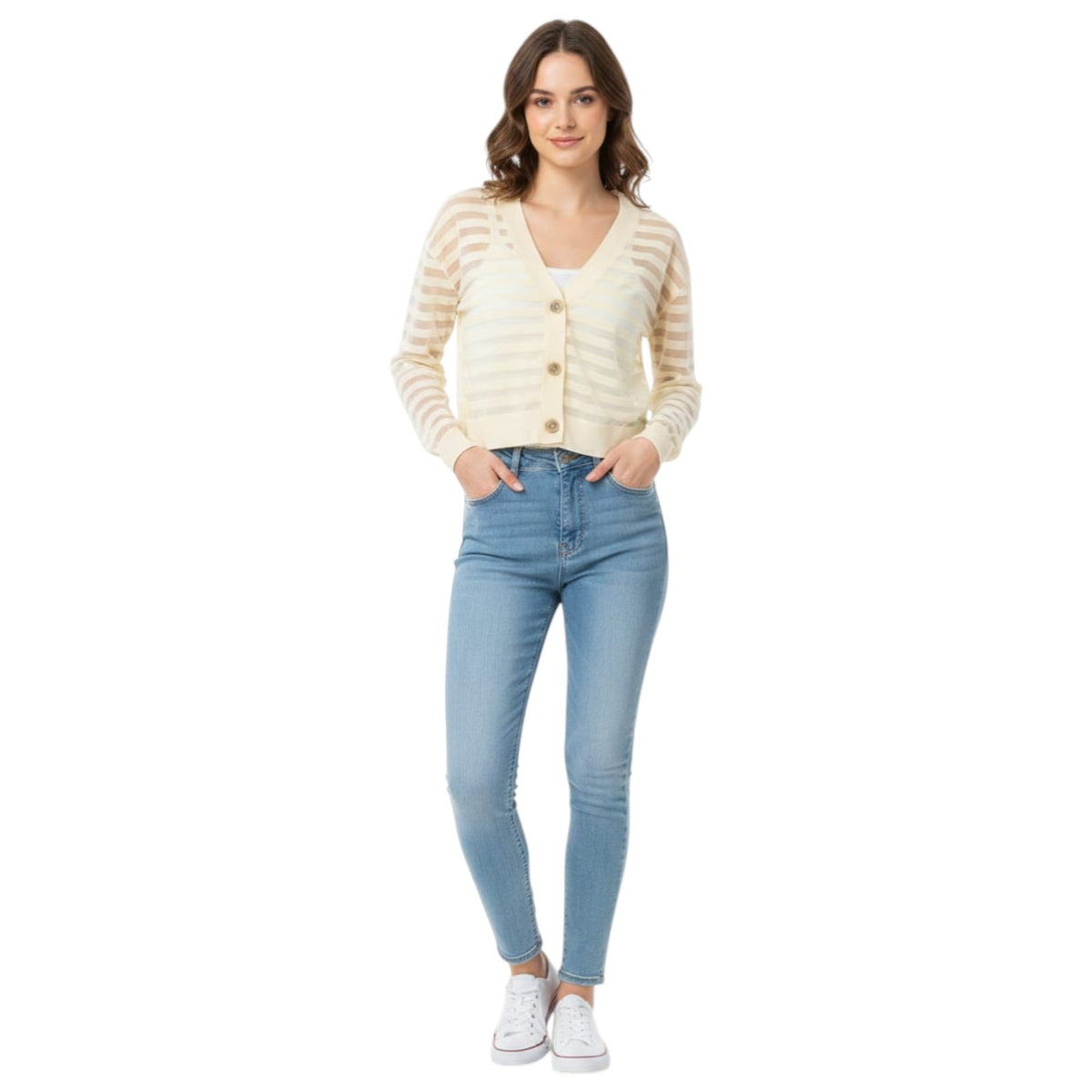 Womem's Striped Cardigan,Light Beige