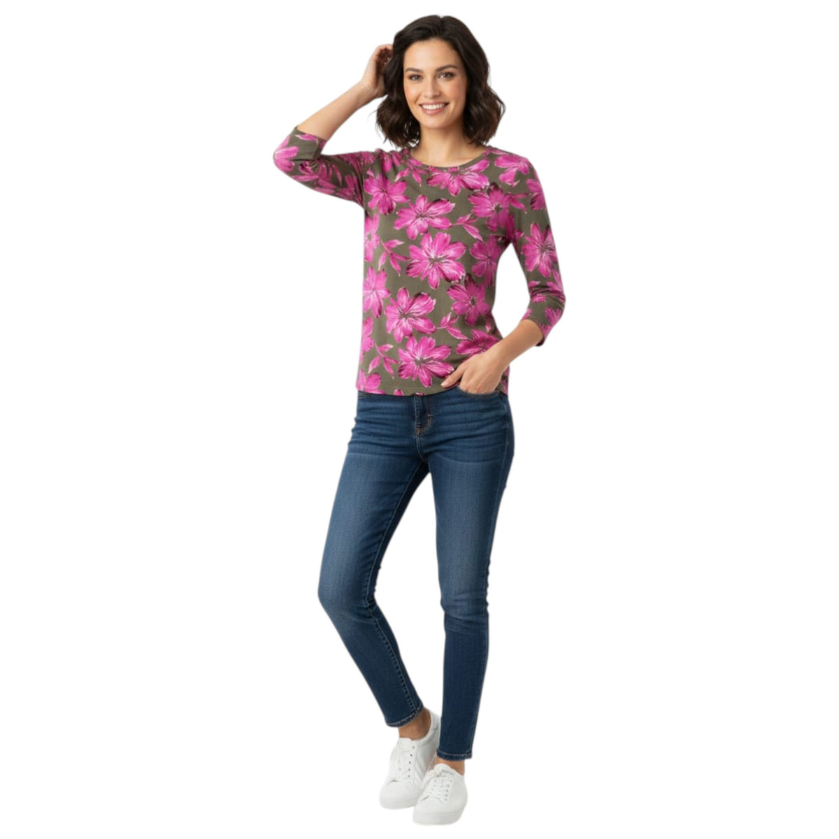 Women's Floral Printed Top,Olive/Pink