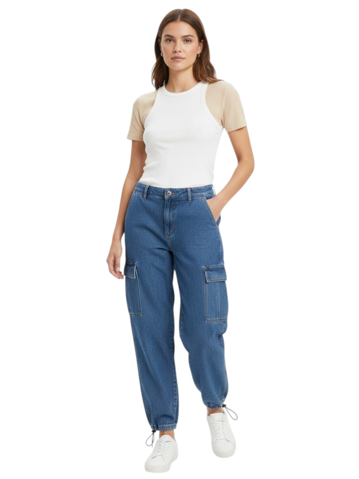 Women's Plain Solid Cargo Jeans,Blue