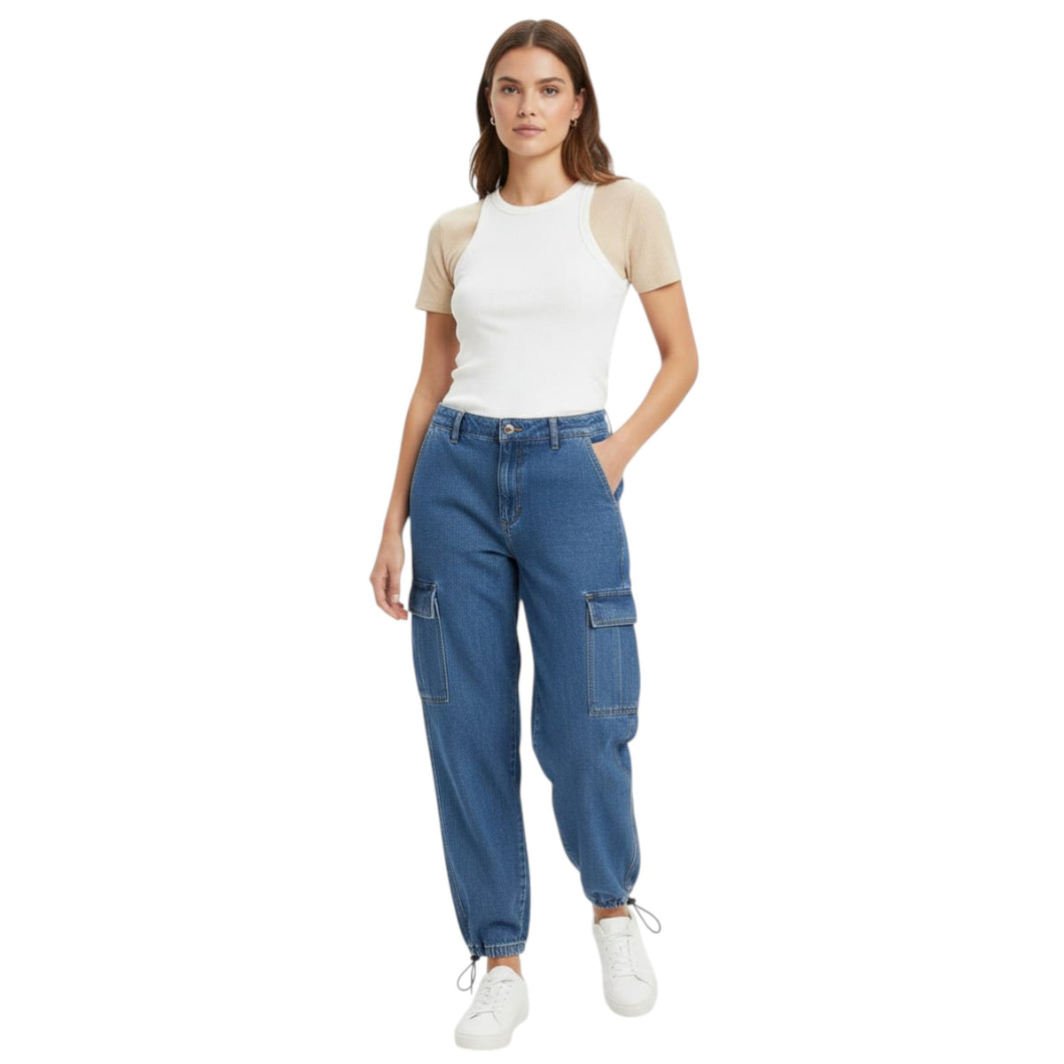 Women's Plain Solid Cargo Jeans,Blue
