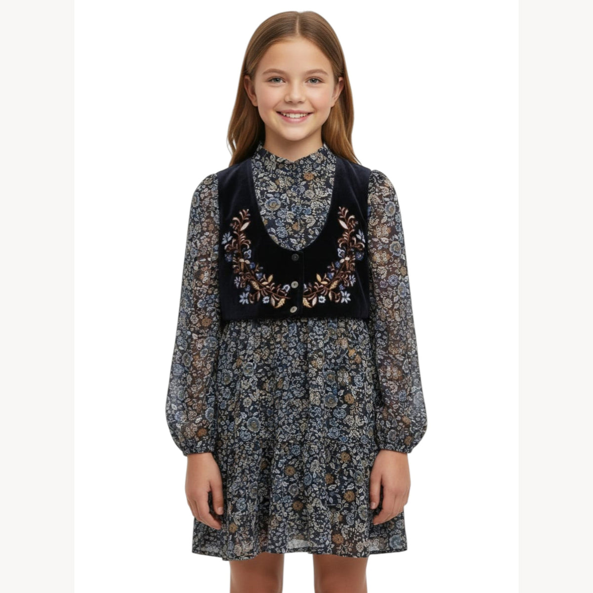 Kids Girl's Floral Printed Dress,Navy