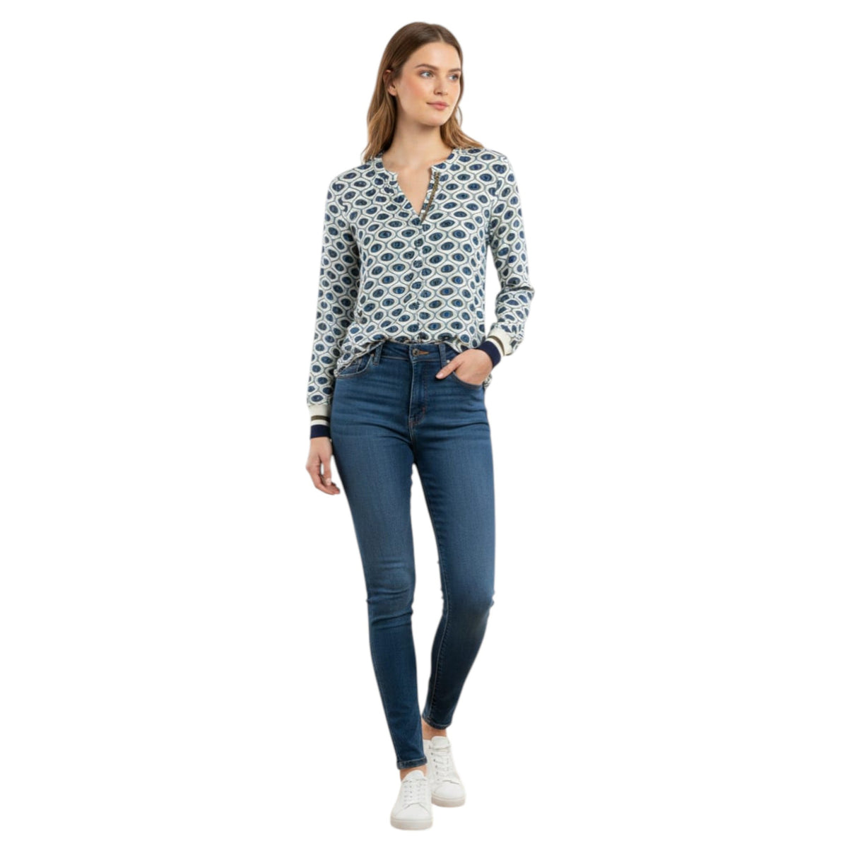 Women's Printed top,White/Blue