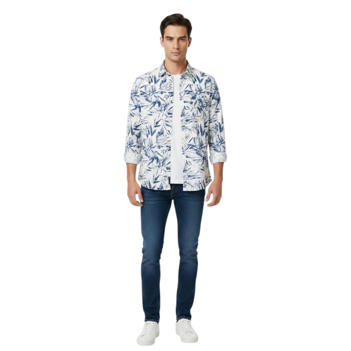 Men's Printed Dress Shirt,White/Navy