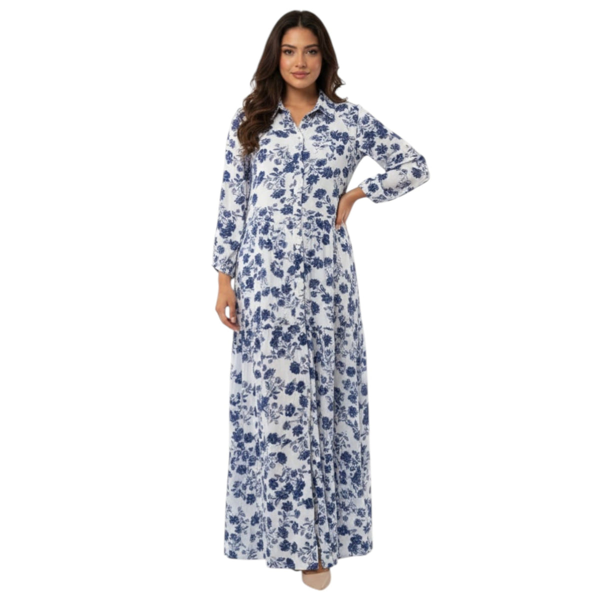 Women's Floral Printed Dress,White/Navy