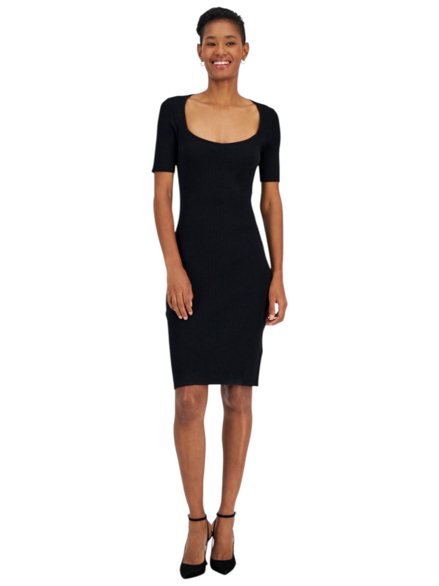 Women's Knitted Ribbed Dress,Black
